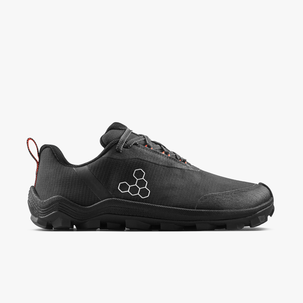 Vivobarefoot Primus Trail Flow WP vandtæt barfodssko i sort Eclipse/Molten Lava, set fra ydersiden