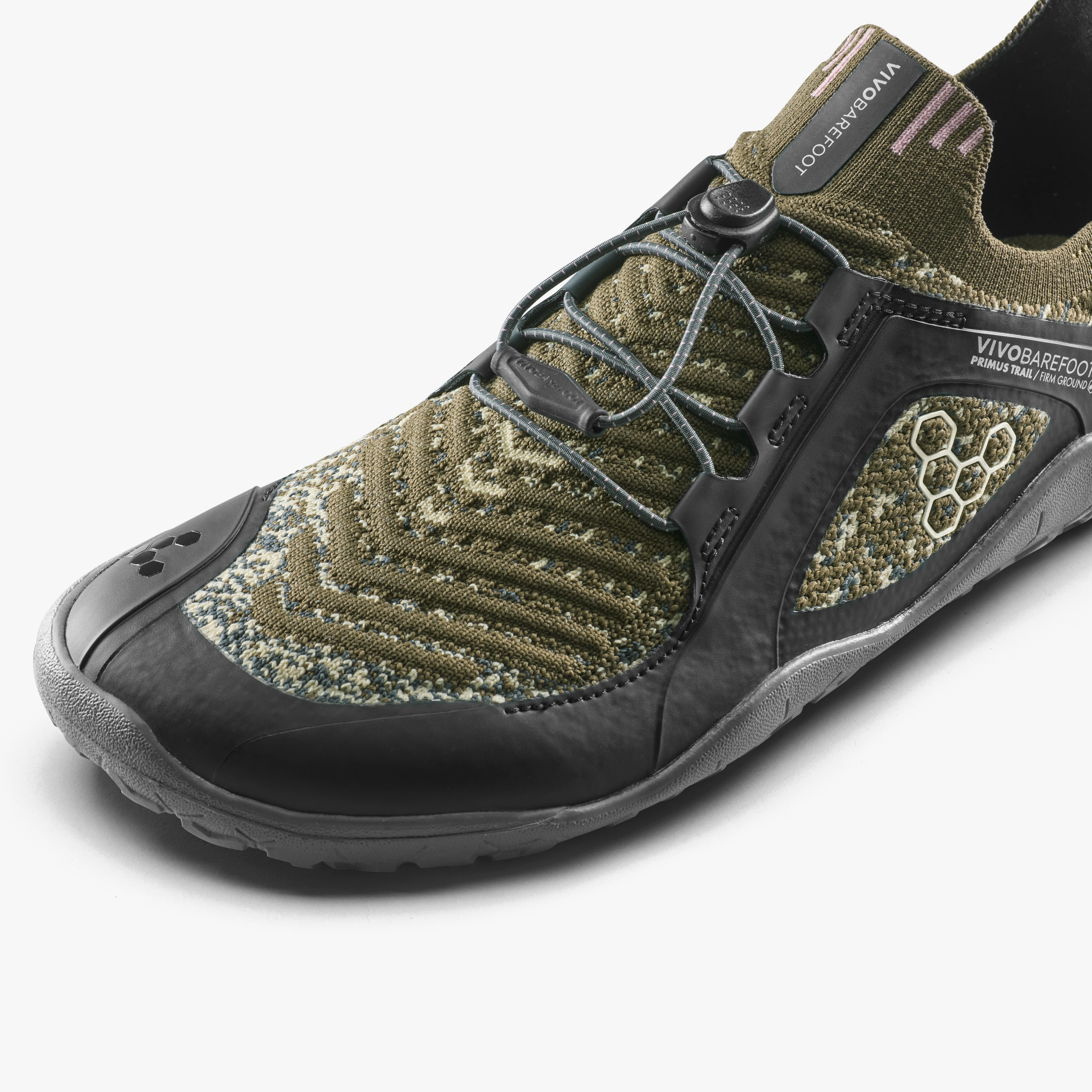 Vivobarefoot Primus Trail Knit FG Grounding Mens barfodssko til mænd i farven dark olive, nærbillede