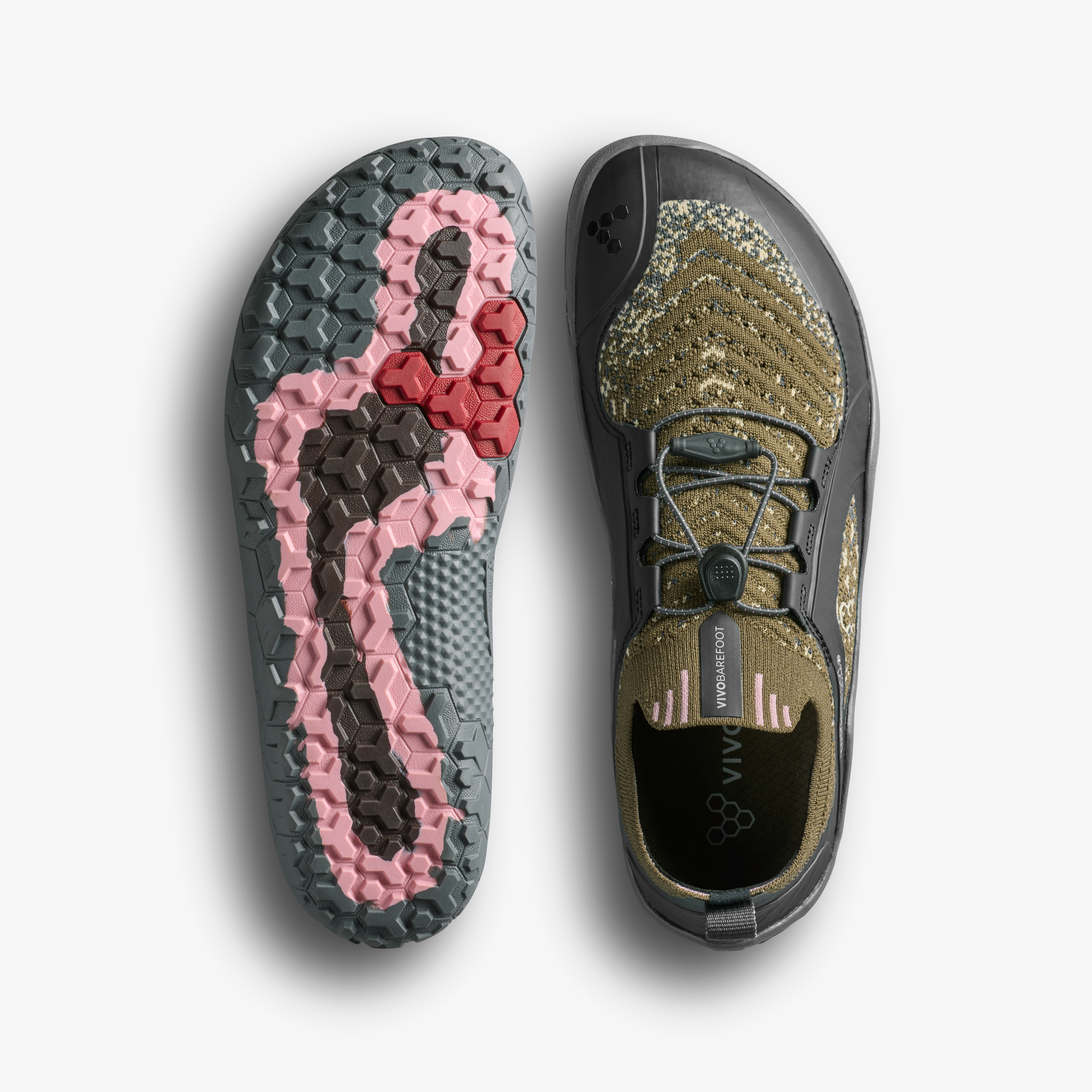 Vivobarefoot Primus Trail Knit FG Grounding Mens barfodssko til mænd i farven dark olive, sål og top
