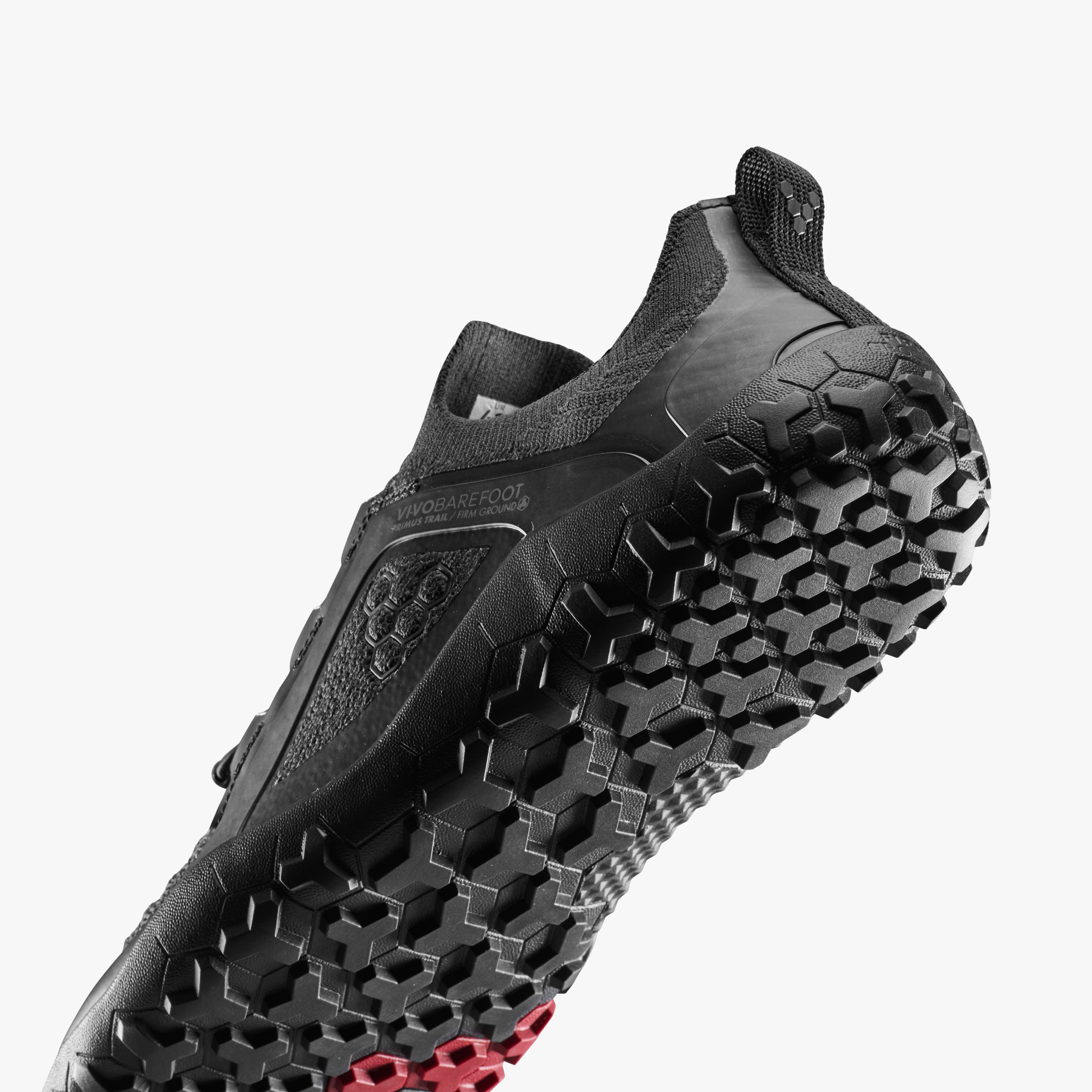 Vivobarefoot Primus Trail Knit FG Grounding Mens barfodssko til mænd i farven obsidian, nærbillede