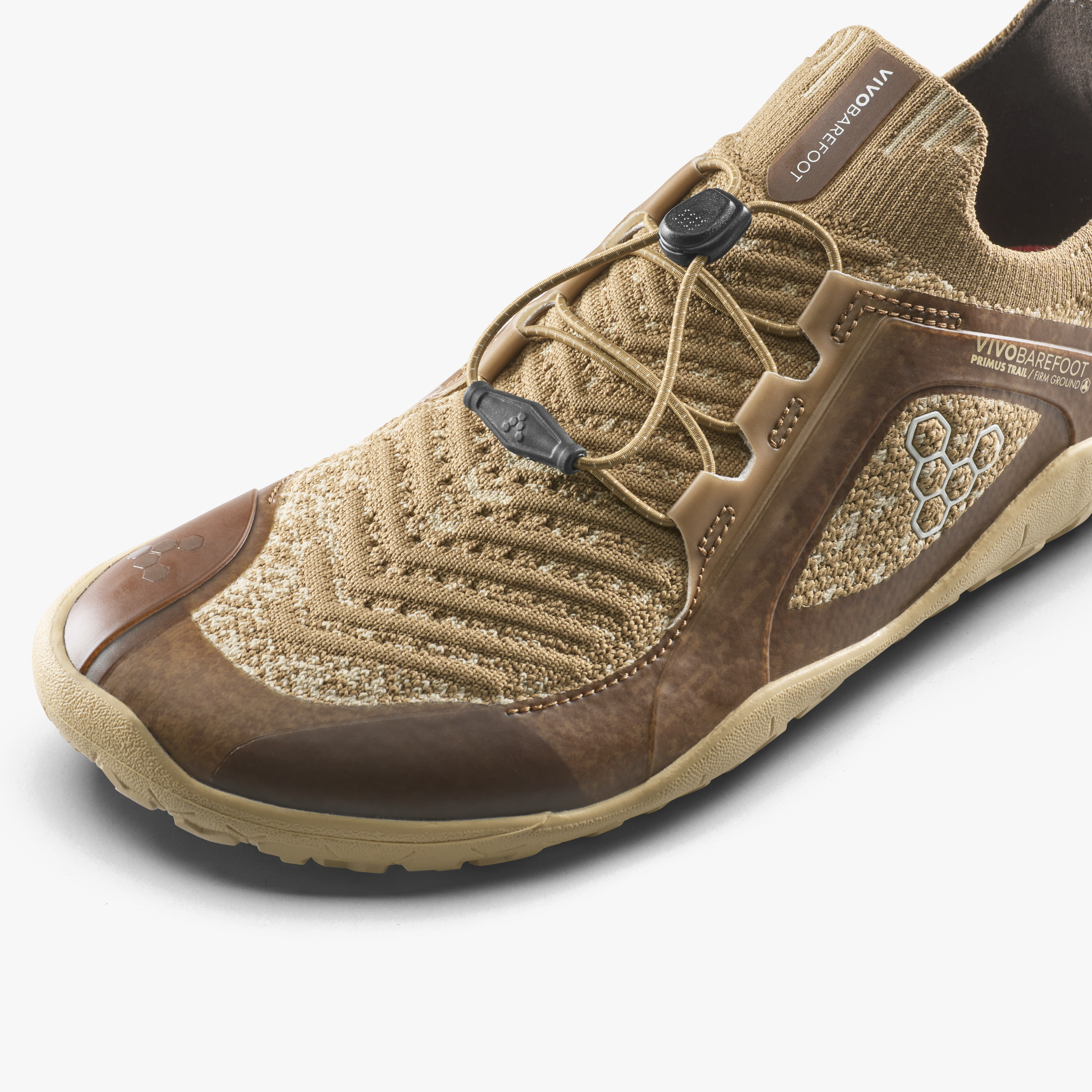 Vivobarefoot Primus Trail Knit FG Grounding Mens barfodssko til mænd i farven wood, nærbillede
