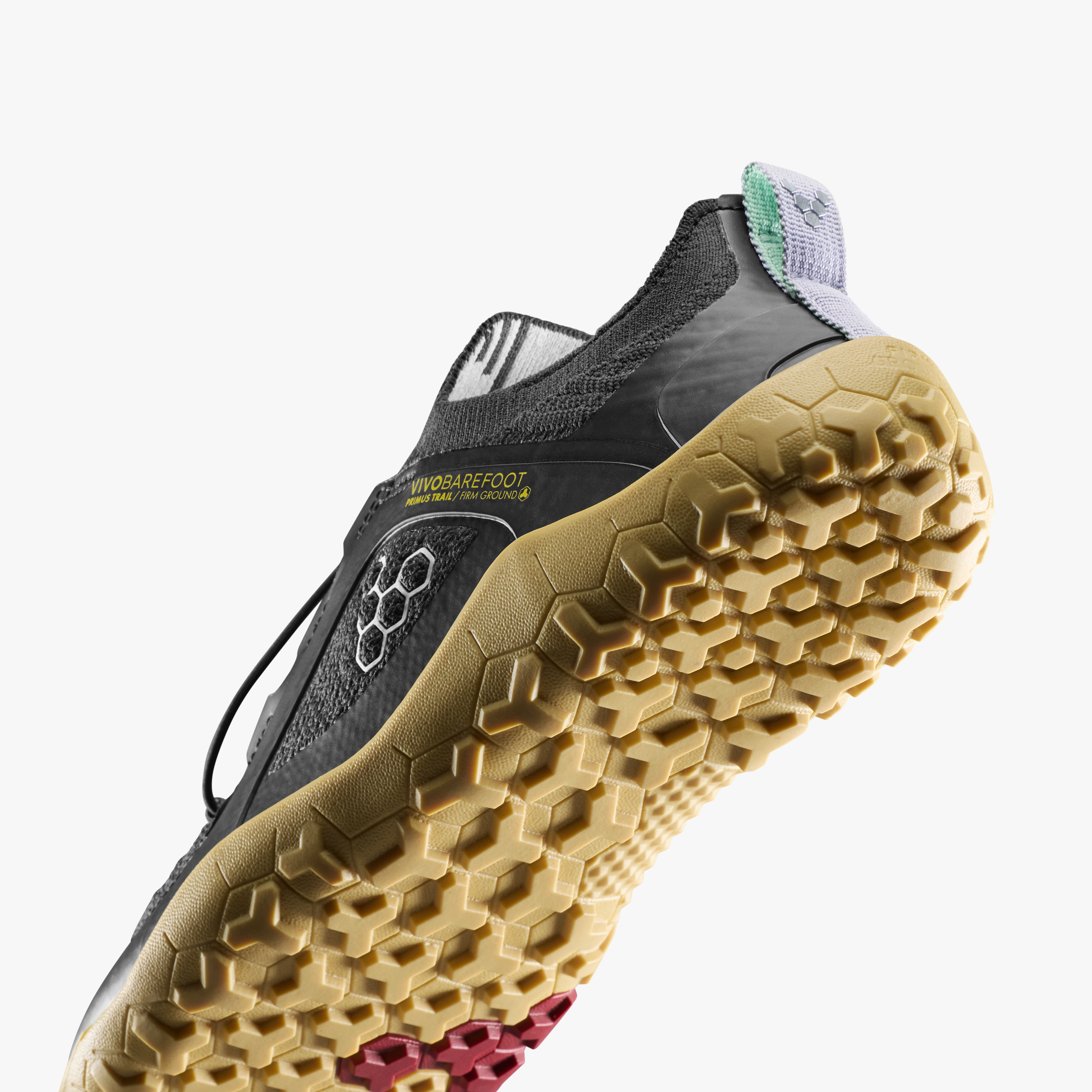 Vivobarefoot Primus Trail Knit FG Grounding Womens barfodssko til kvinder i farven purple heather, nærbillede