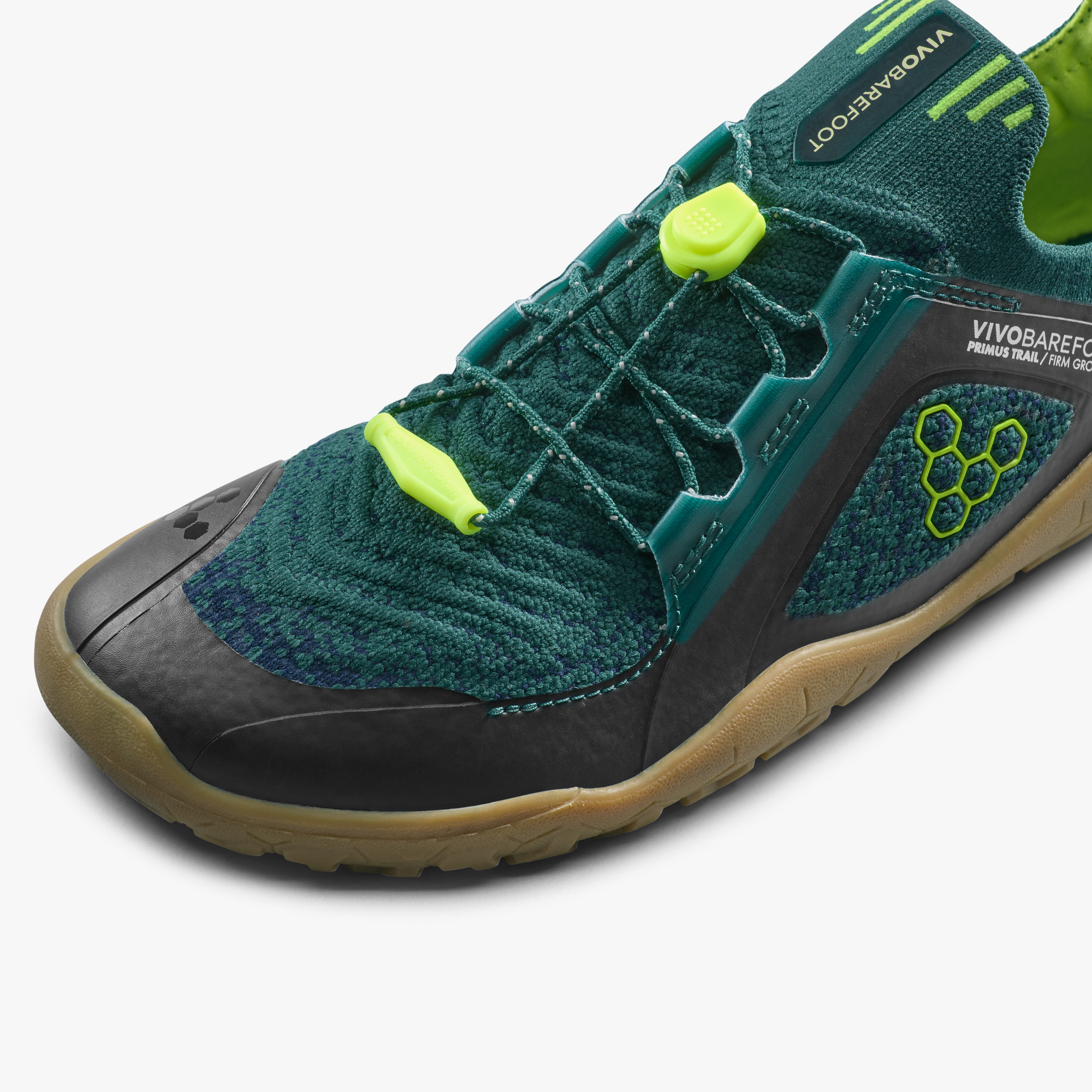 Vivobarefoot Primus Trail Knit FG Juniors barfodssko til børn i farven shadow fern/ lemon zest, nærbillede