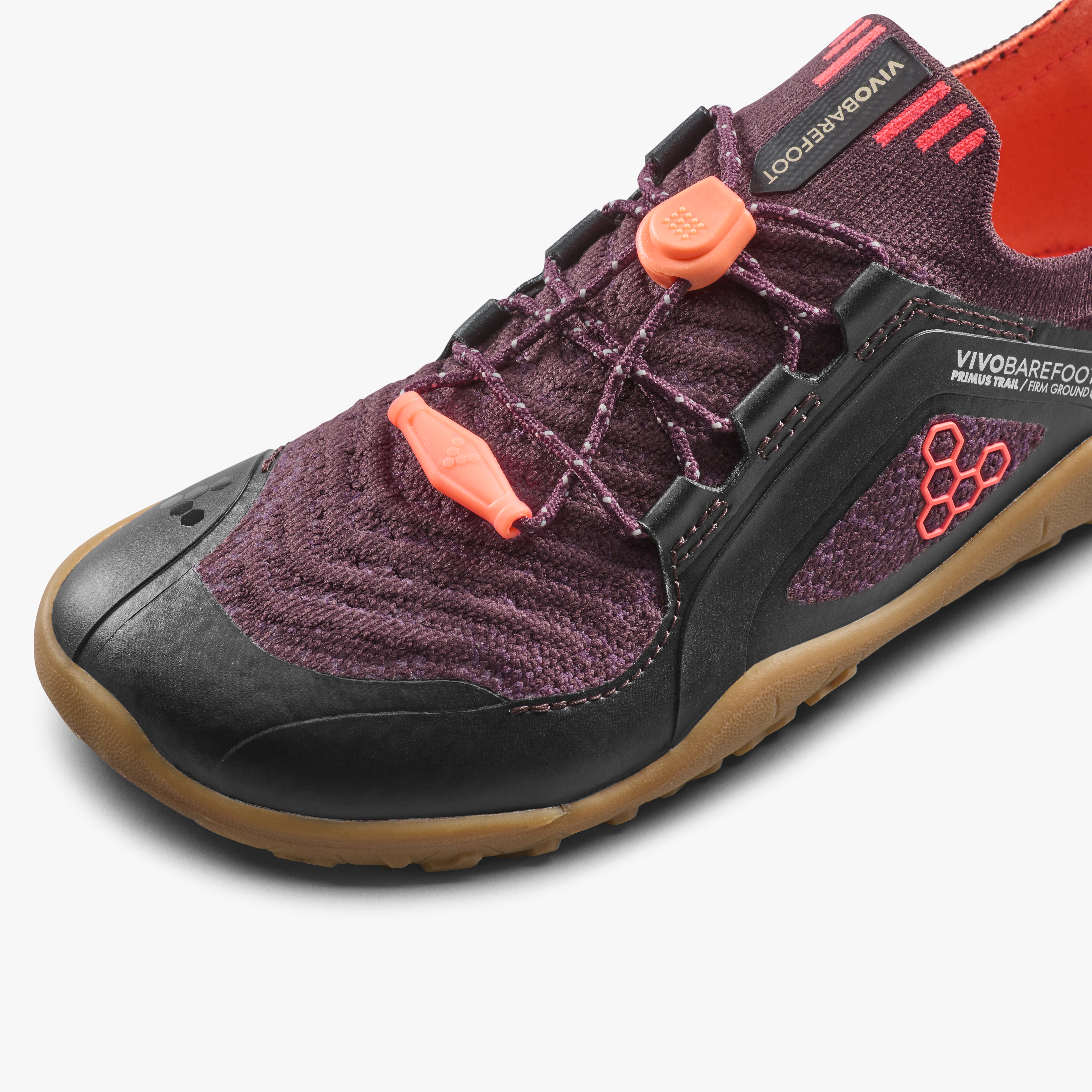 Vivobarefoot Primus Trail Knit FG Kids barfodssko til børn i farven huckleberry/ molten lava, nærbillede