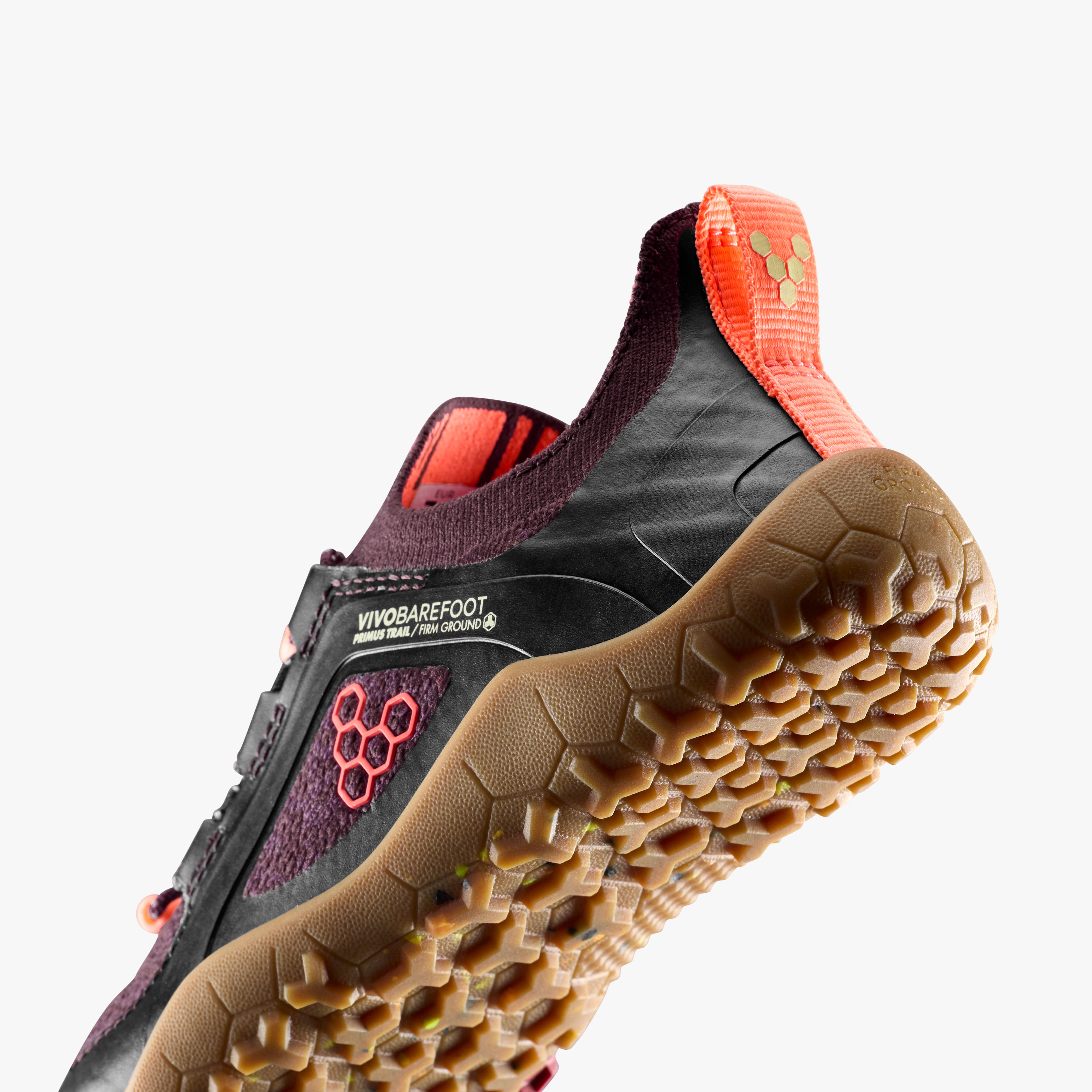 Vivobarefoot Primus Trail Knit FG Kids barfodssko til børn i farven huckleberry/ molten lava, nærbillede