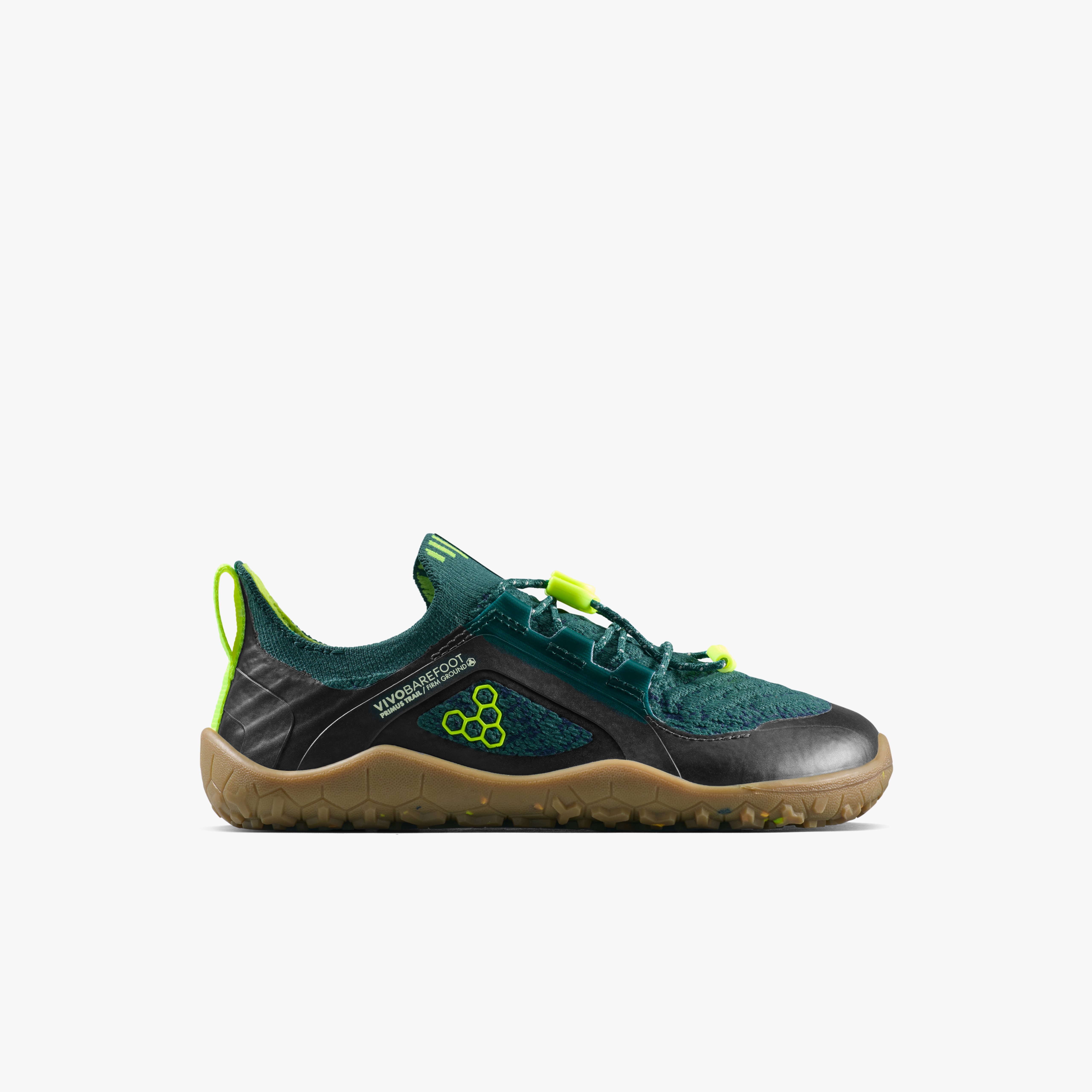 Vivobarefoot Primus Trail Knit FG Kids barfodssko til børn i farven shadow fern/ lemon zest, yderside
