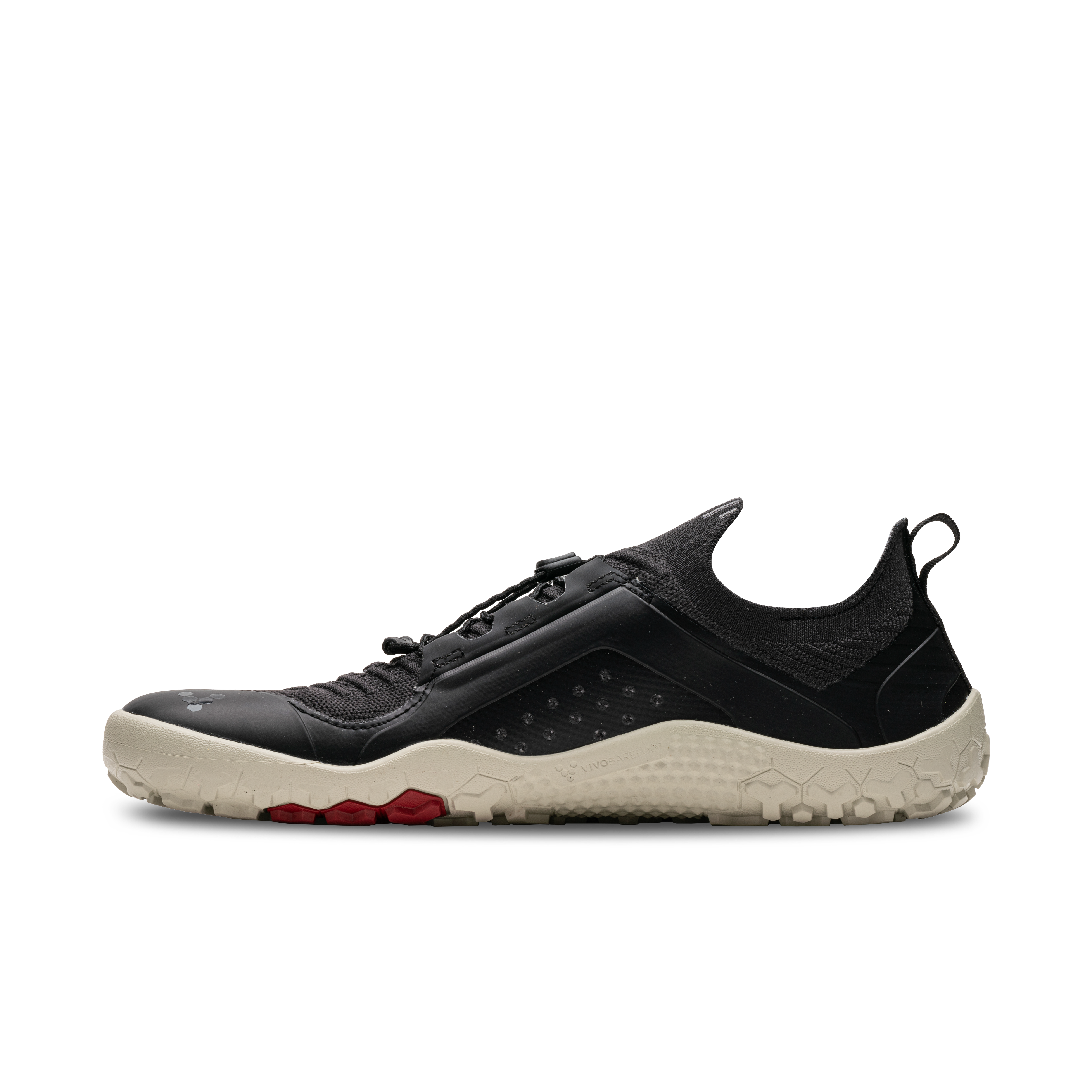 Vivobarefoot Primus Trail Knit FG Mens i varianten Obsidian / Limestone. Minimalistiske barfodssko med fleksibel sål og åndbar overdel i sort mesh, designet til stier og terræn.