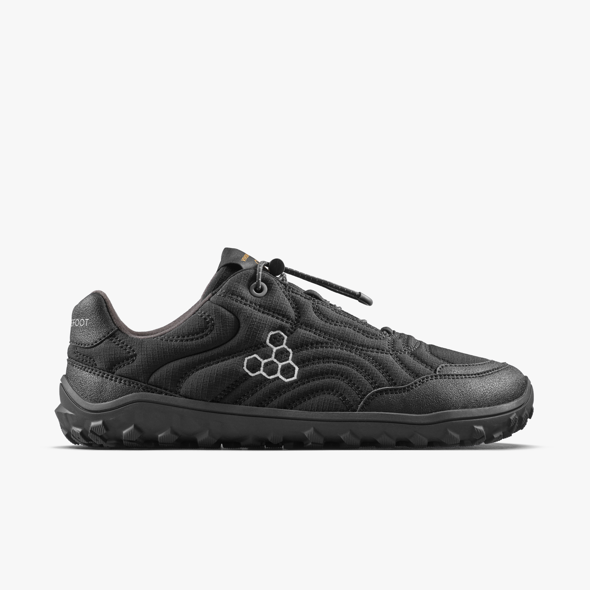 Vivobarefoot Tracker Tova barfodssko til kvinder i sort Eclipse med quiltet overdel, set fra ydersiden