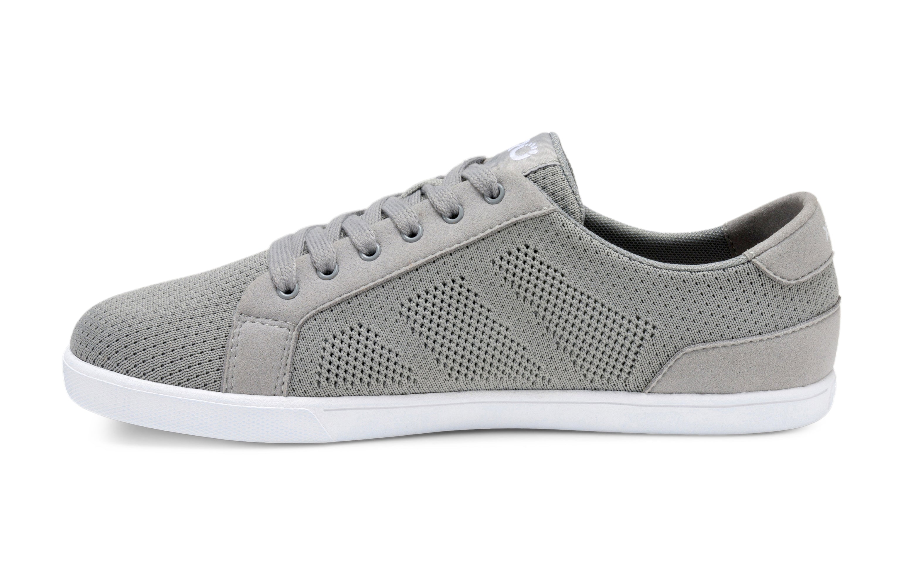 Xero Shoes Dillon Mens sneaker in Alloy. Light grey mesh upper with grey laces and white thin FeelTrue® sole, offering a minimalist and breathable barefoot design.