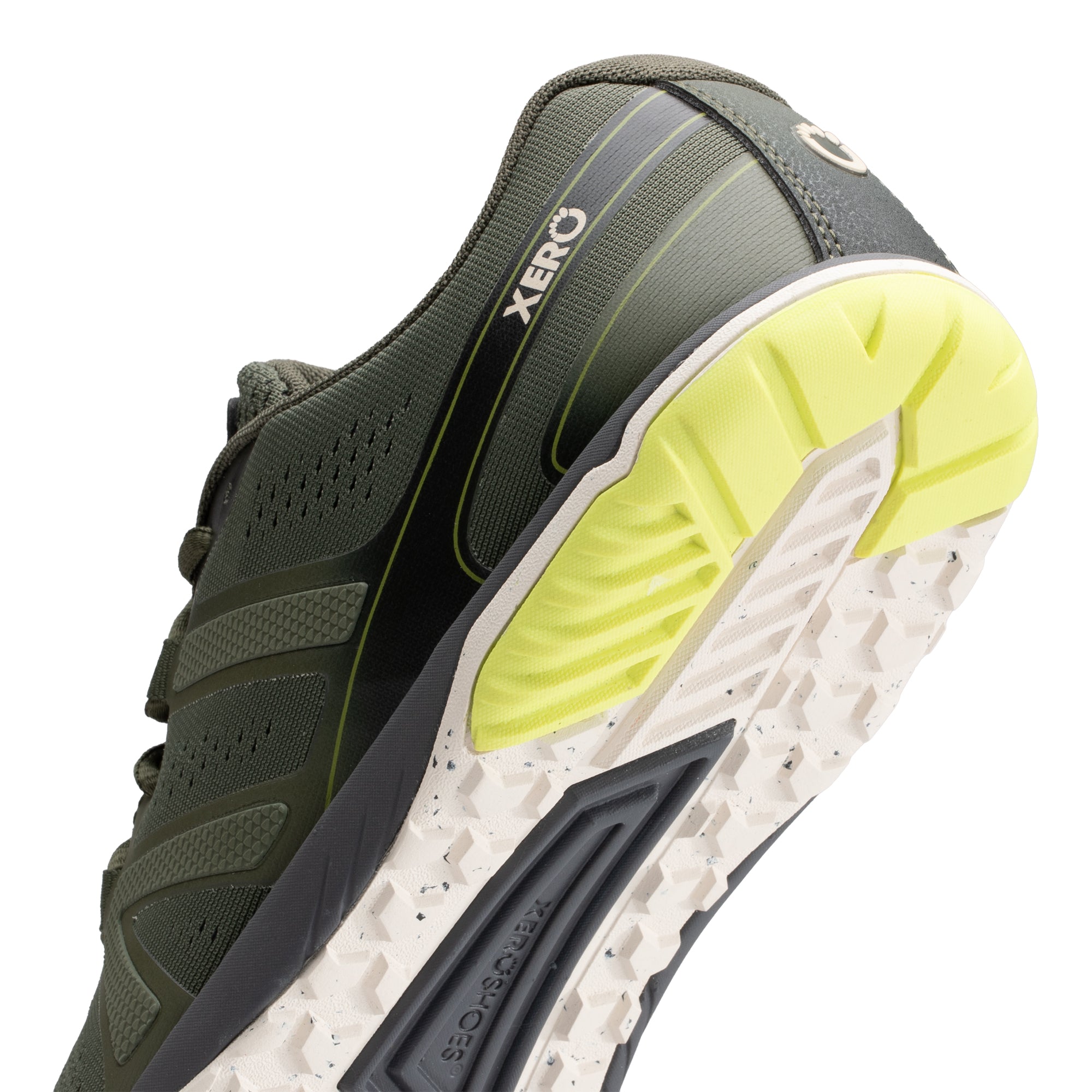 Xero Shoes HFS II barfodssko til herre i farven Army Green, detalje af hælen