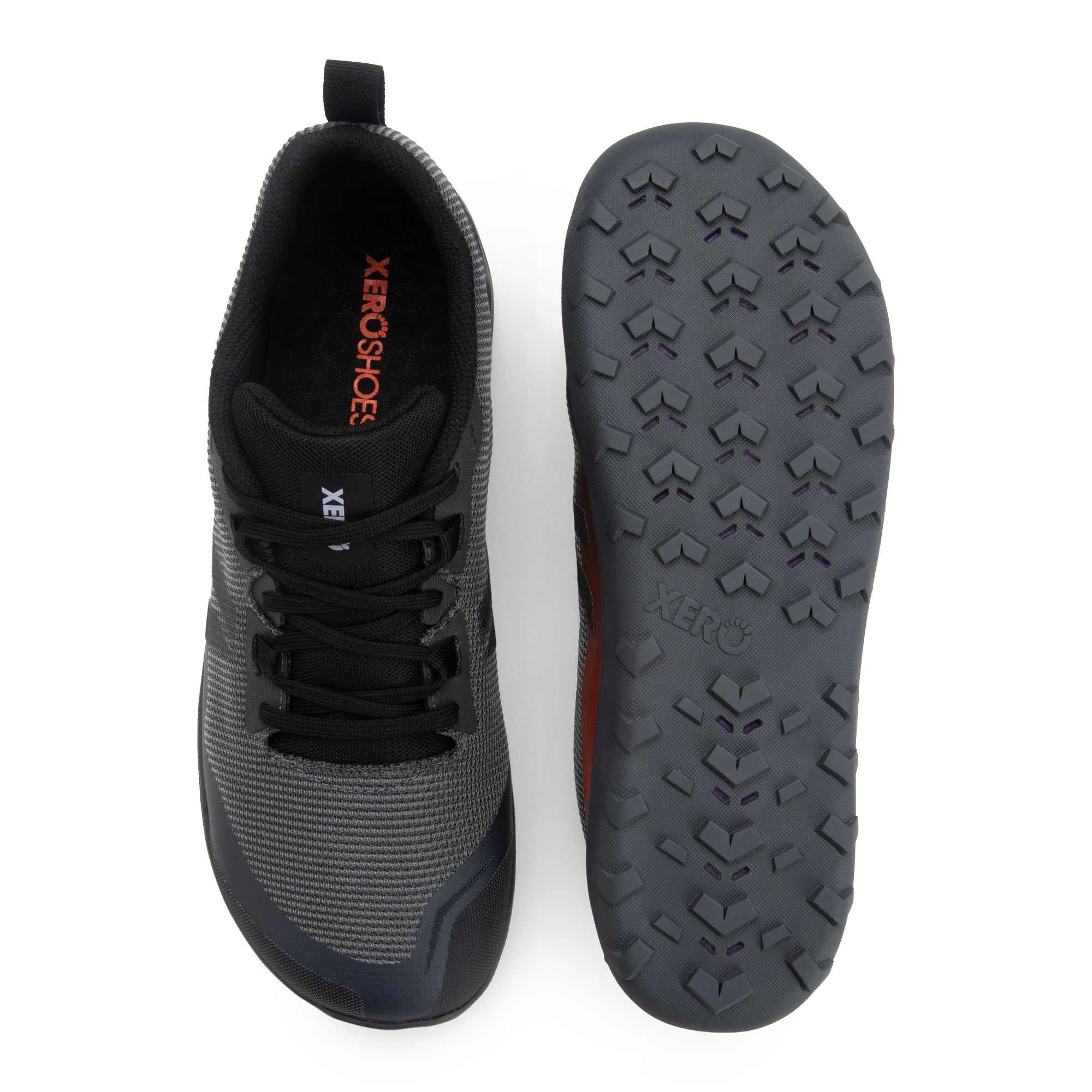 Xero Shoes Mesa Summit barfodssko til dame i farven Asphalt / Multi, set ovenfra og fra sålen