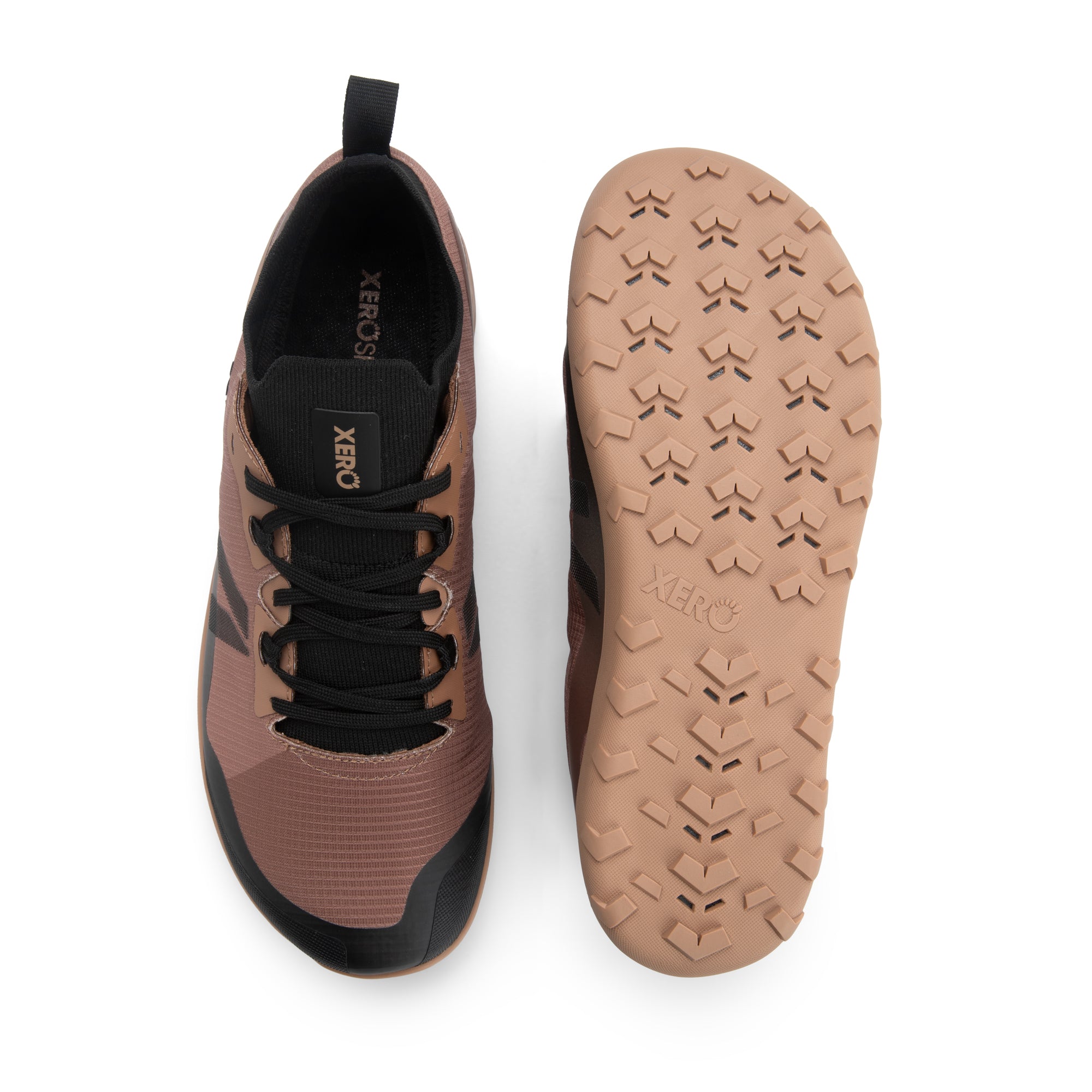 Xero Shoes Mesa Summit WP barfodssko til herre i farven Dark Irish Cream, set ovenfra og fra sålen