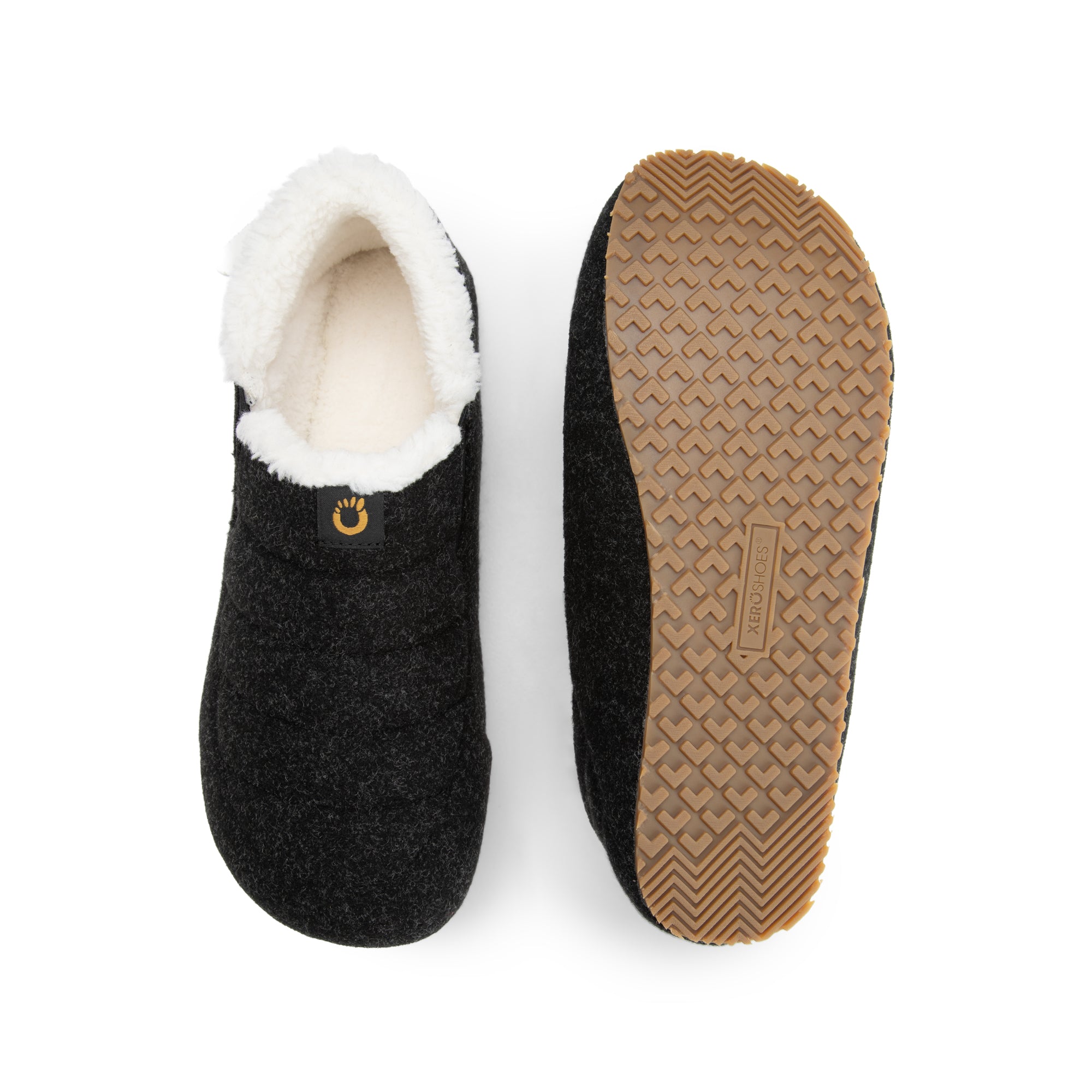 Xero Shoes Pagosa Cozy hjemmesko til herre i farven Asphalt, set ovenfra og fra sålen