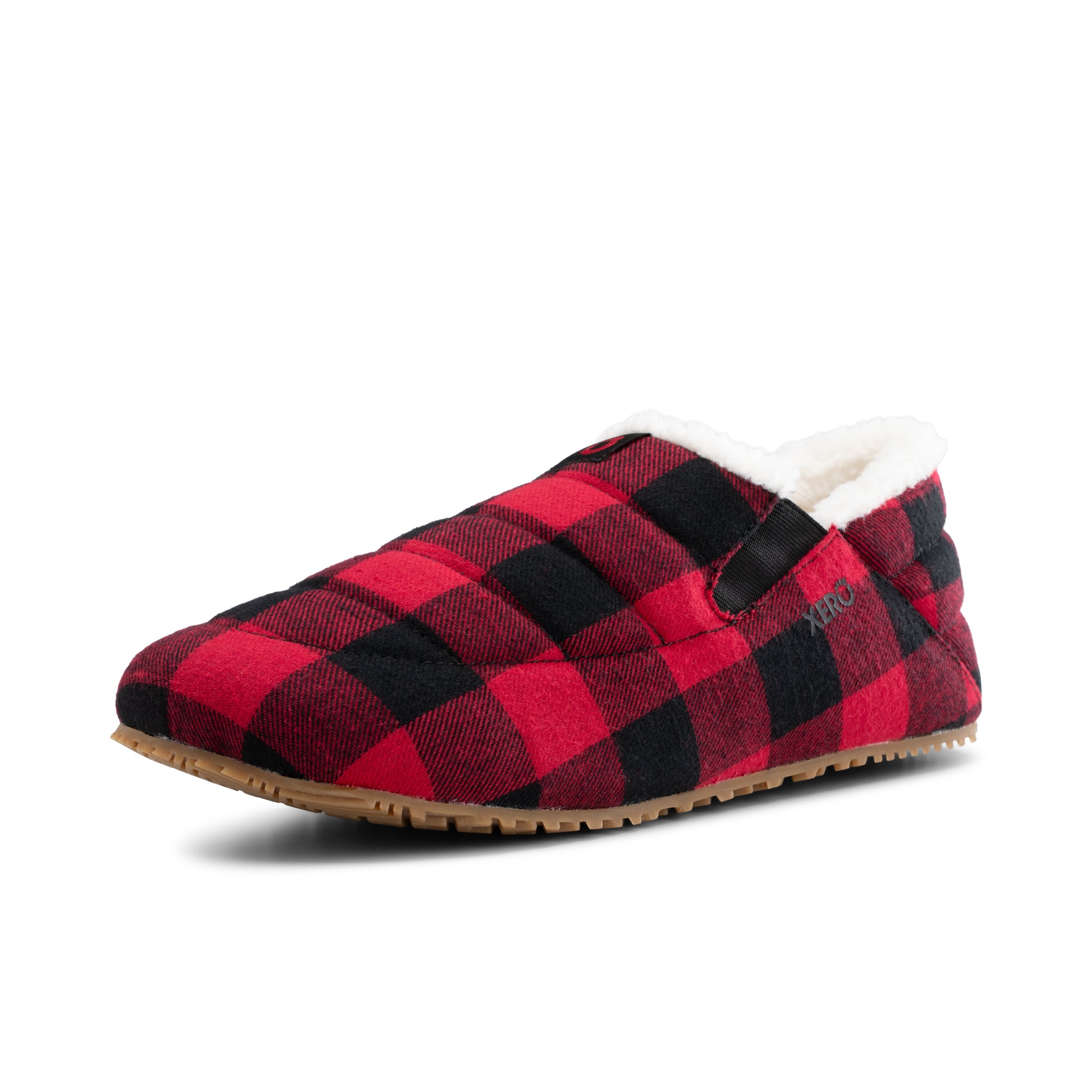 Xero Shoes Pagosa Cozy hjemmesko til herre i farven Buffalo Plaid, set skråt forfra