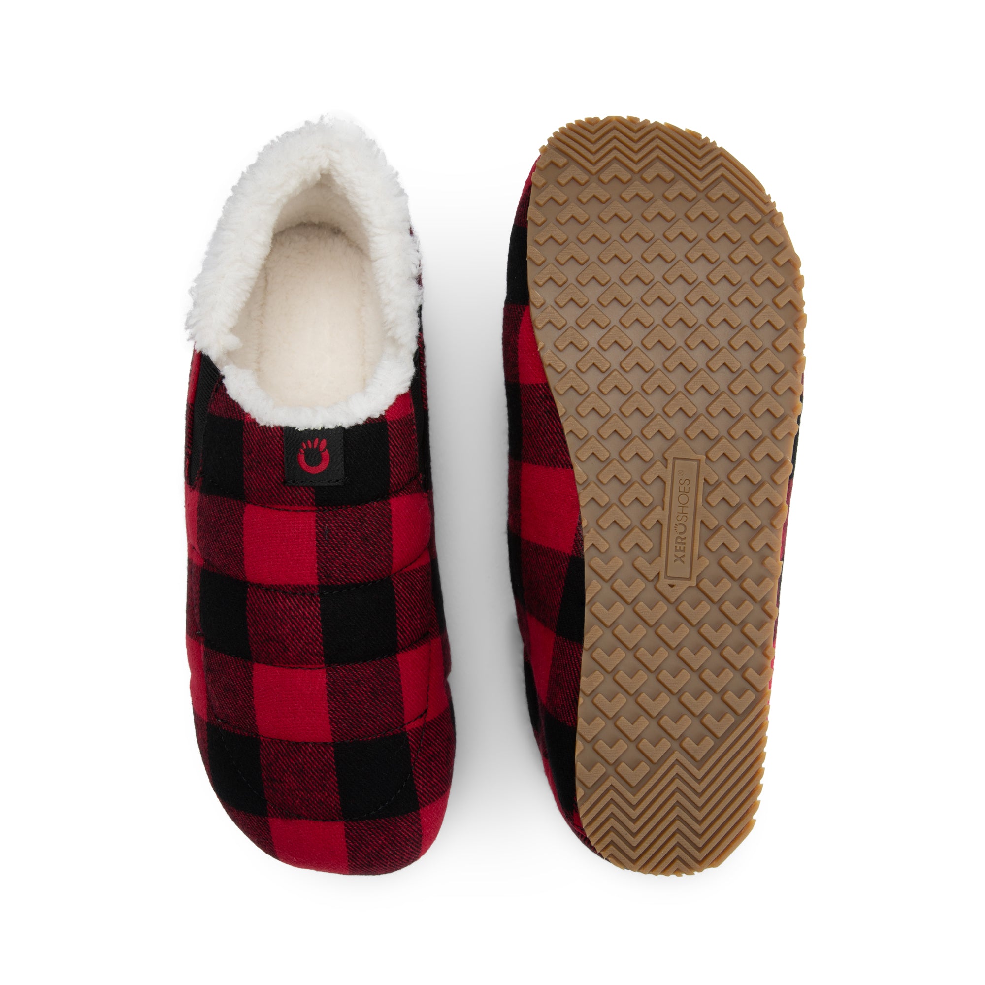 Xero Shoes Pagosa Cozy hjemmesko til herre i farven Buffalo Plaid, set ovenfra og fra sålen