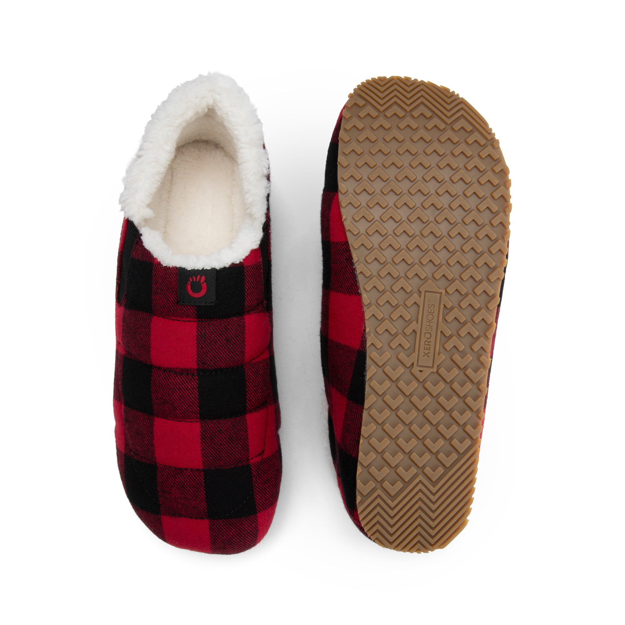 Xero Shoes Pagosa Cozy hjemmesko til dame i farven Buffalo Plaid, set ovenfra og fra sålen