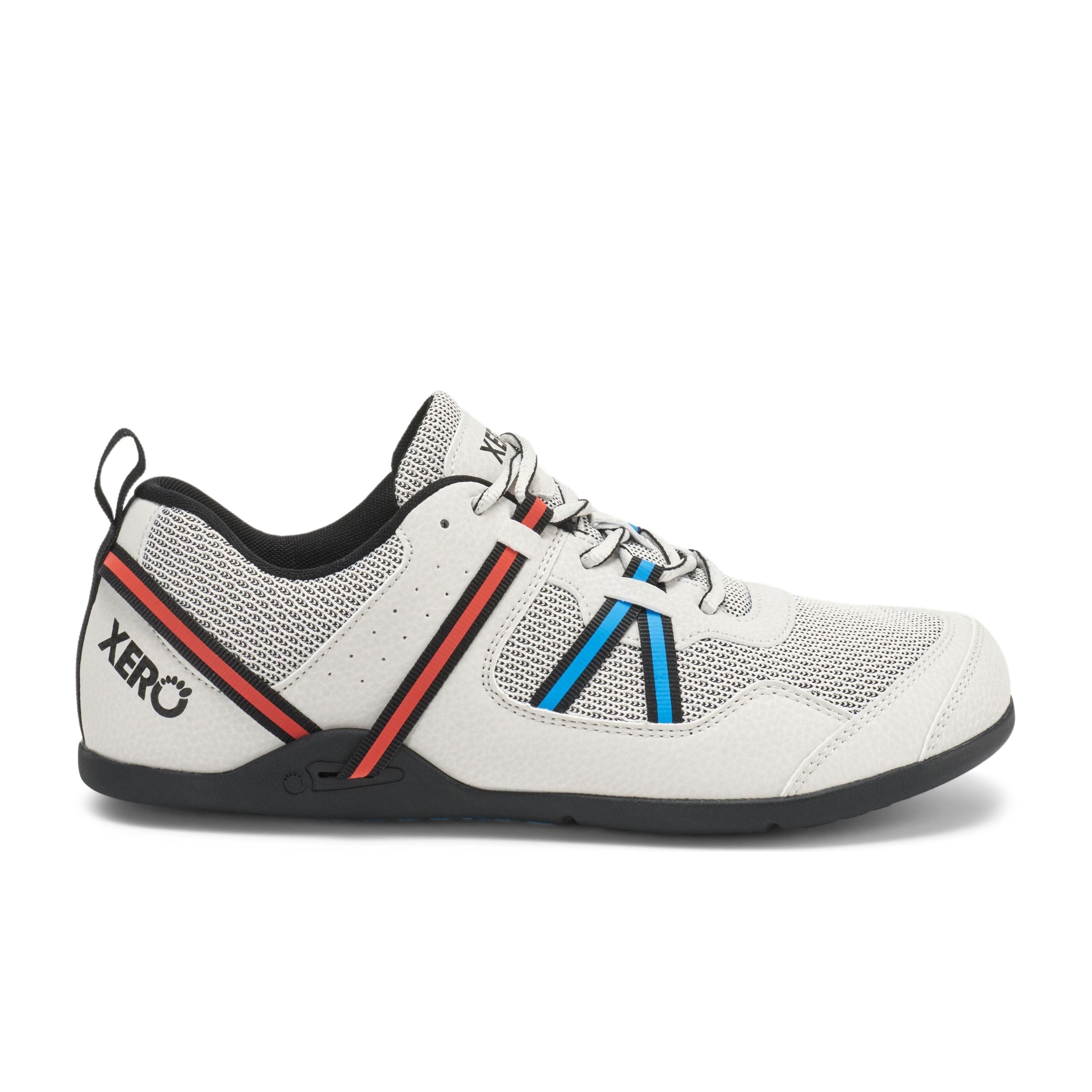 Xero Shoes Prio Men Lunar variant in light gray mesh with black, red, and blue straps. Barefoot style with thin black rubber sole for natural foot movement.