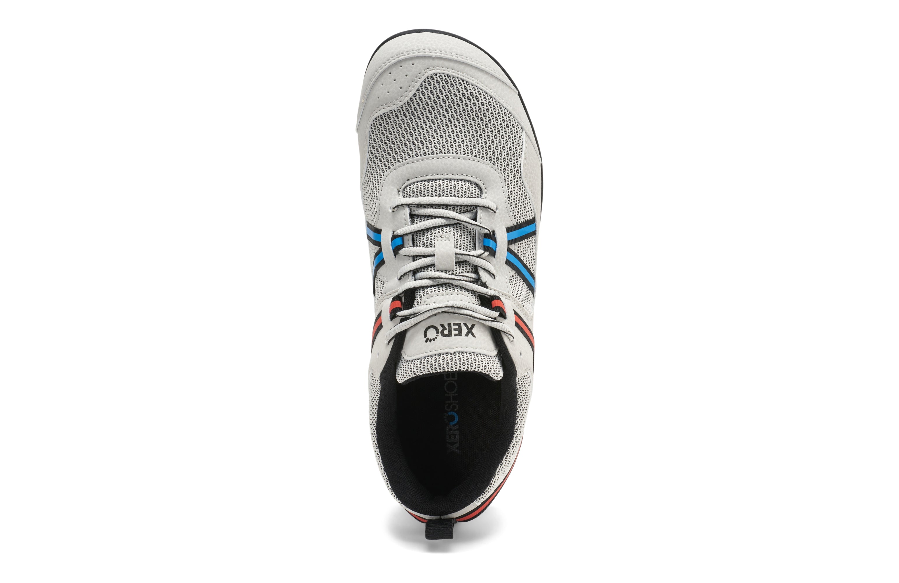 Top view of a Xero Shoes Prio Men Lunar variant, lightweight barefoot shoe in grey with blue and red reflective straps for a secure fit and breathable mesh upper.