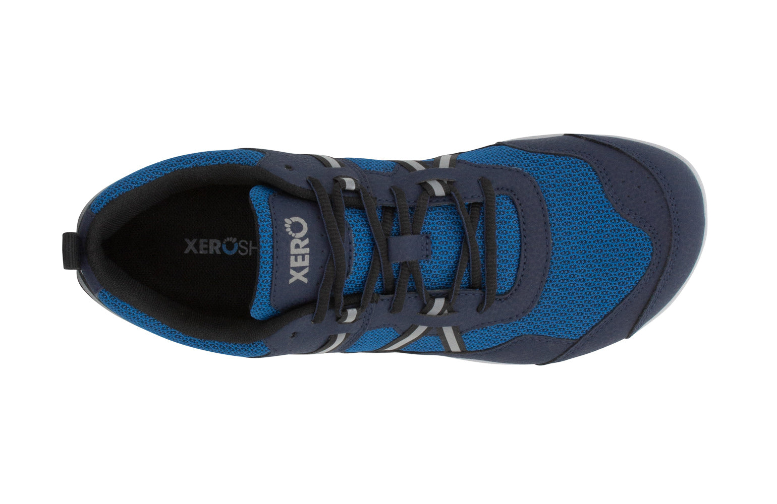 Prio Men barefoot sko fra Xero Shoes, set fra toppen, i farven Mykonos Blue med mesh overdel og sorte snørebånd. Perfekt til naturlig fodbevægelse og alsidige aktiviteter.