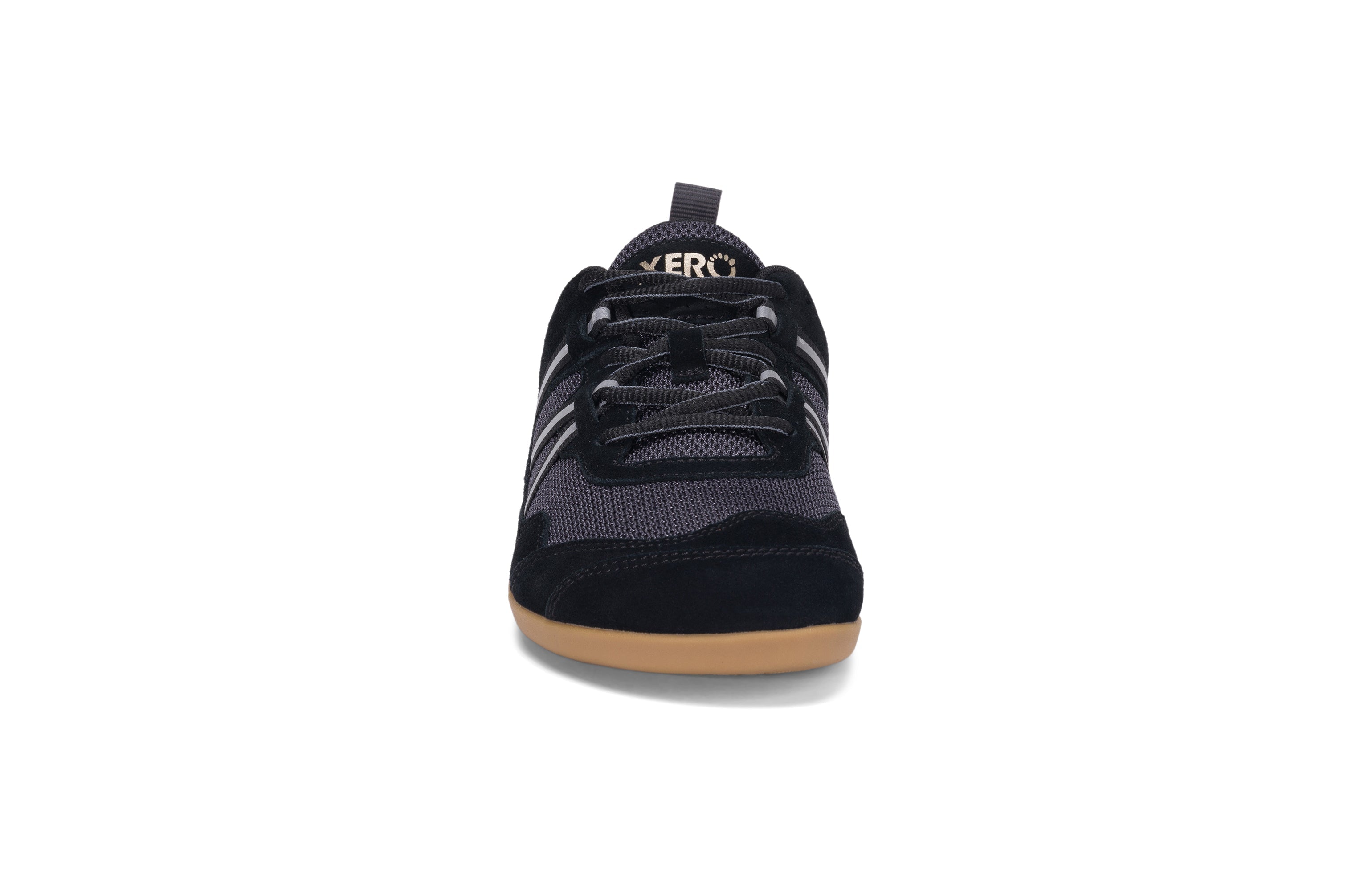 Mærkbare Prio Suede Womens barfods athleisure trainer til kvinder i farven black / asphalt, forfra