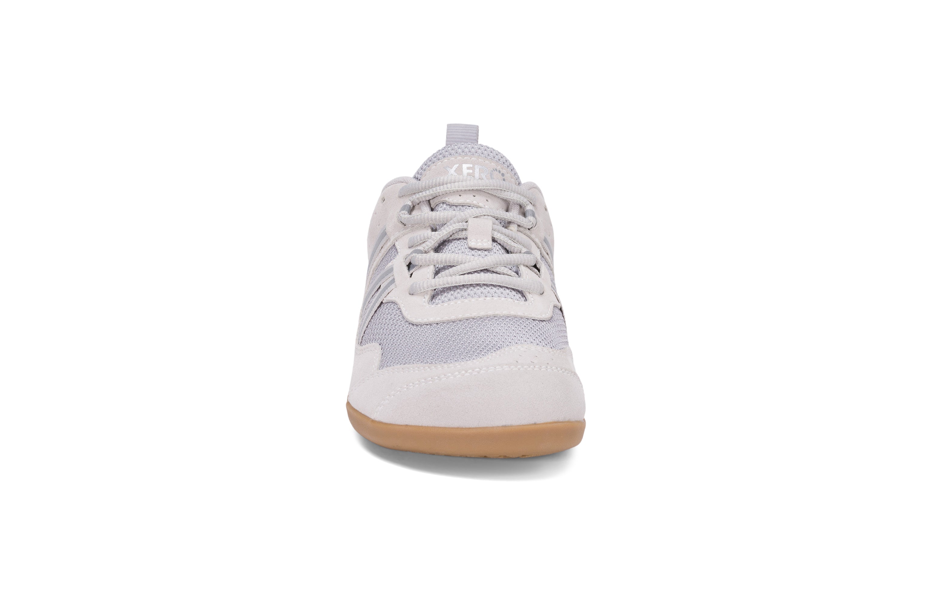 Mærkbare Prio Suede Womens barfods athleisure trainer til kvinder i farven quite gray, forfra