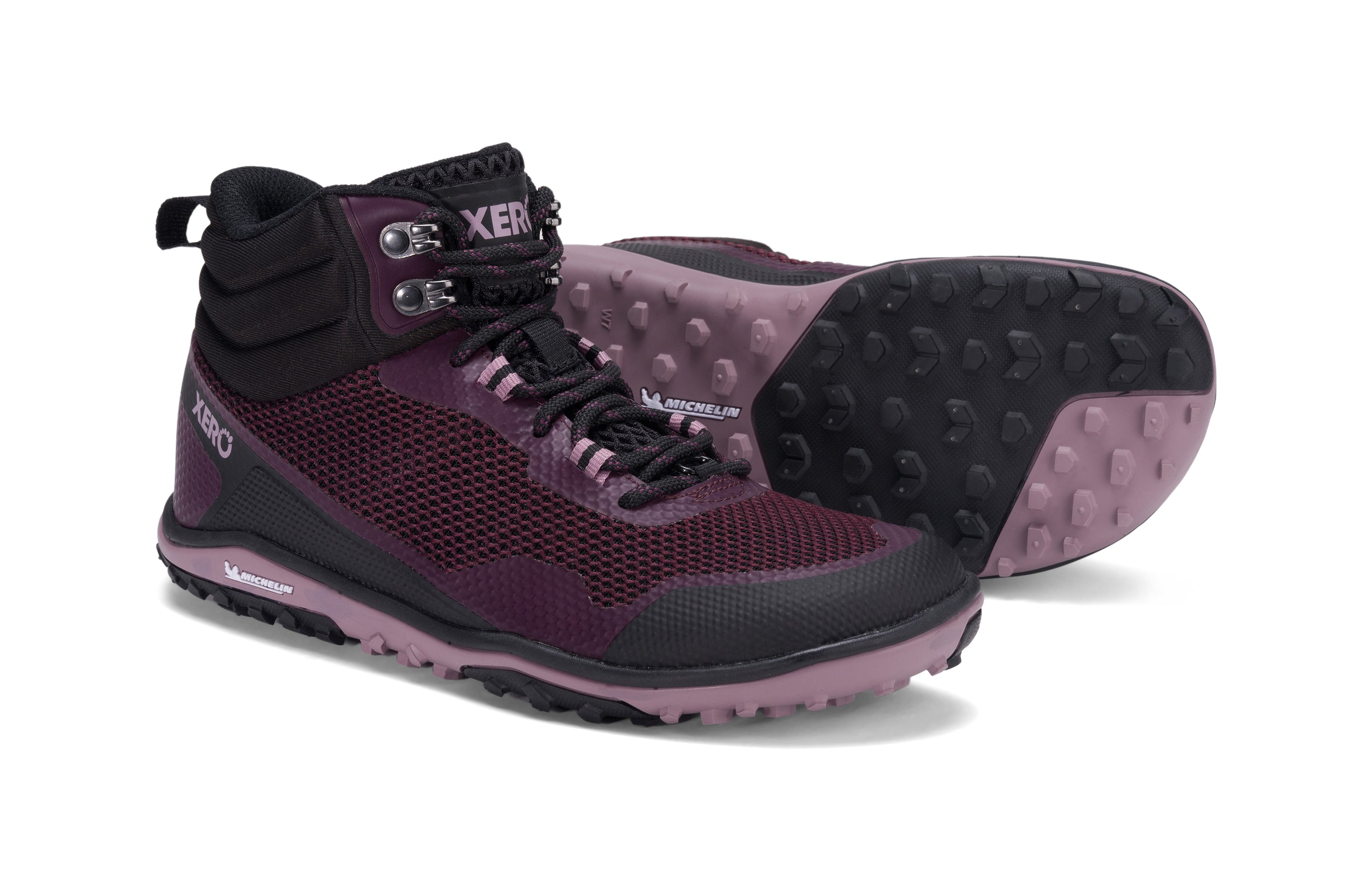 Xero Shoes Scrambler Mid Womens barfods lette vandrestøvler til kvinder i farven black / fig, par