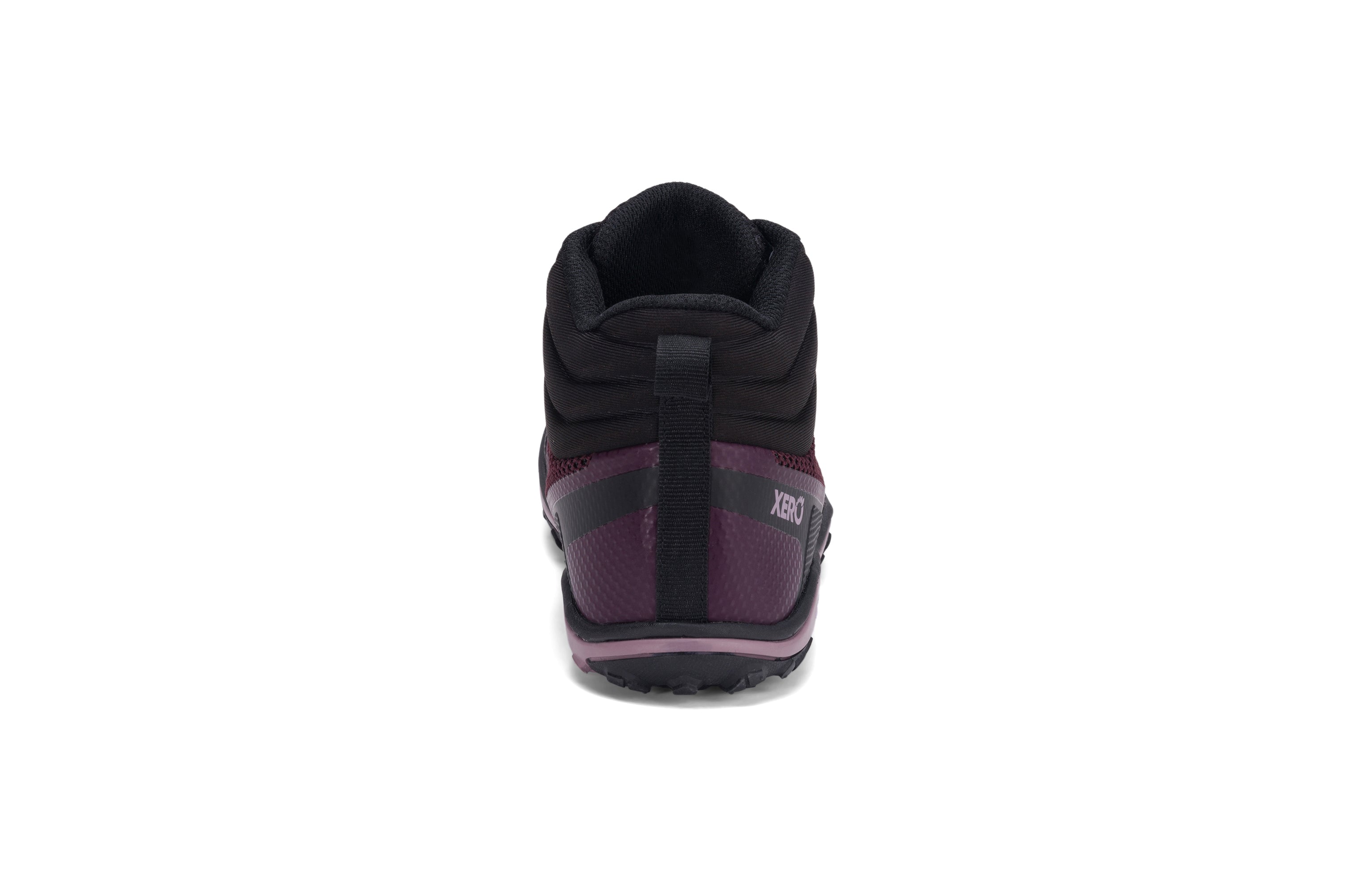 Xero Shoes Scrambler Mid Womens barfods lette vandrestøvler til kvinder i farven black / fig, bagfra