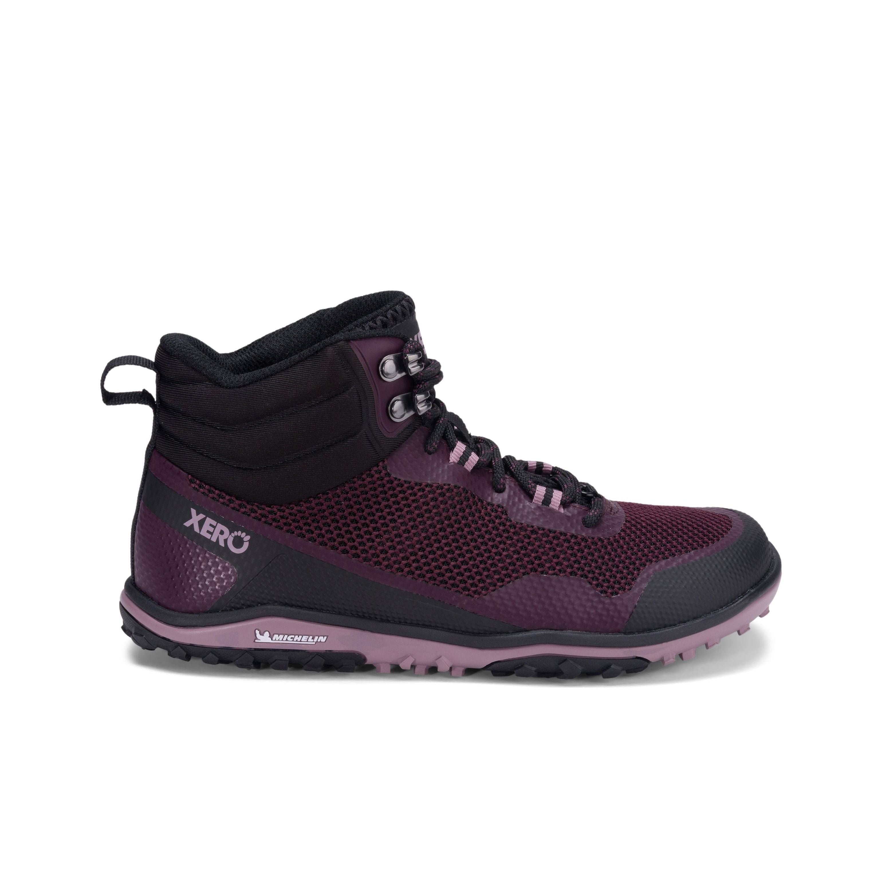 Xero Shoes Scrambler Mid Womens barfods lette vandrestøvler til kvinder i farven black / fig, yderside