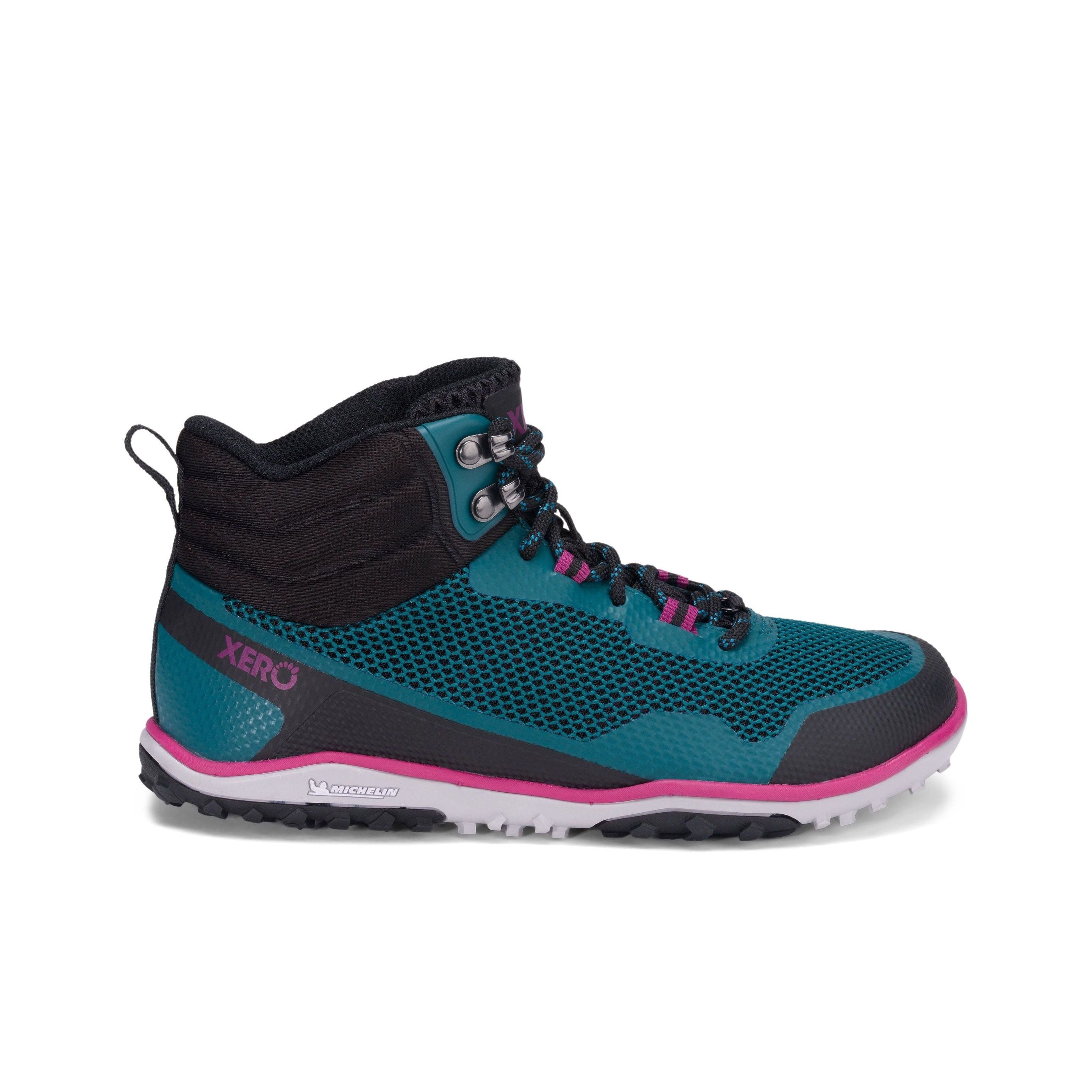 Xero Shoes Scrambler Mid Womens barfods lette vandrestøvler til kvinder i farven deep lake / fuschia, yderside