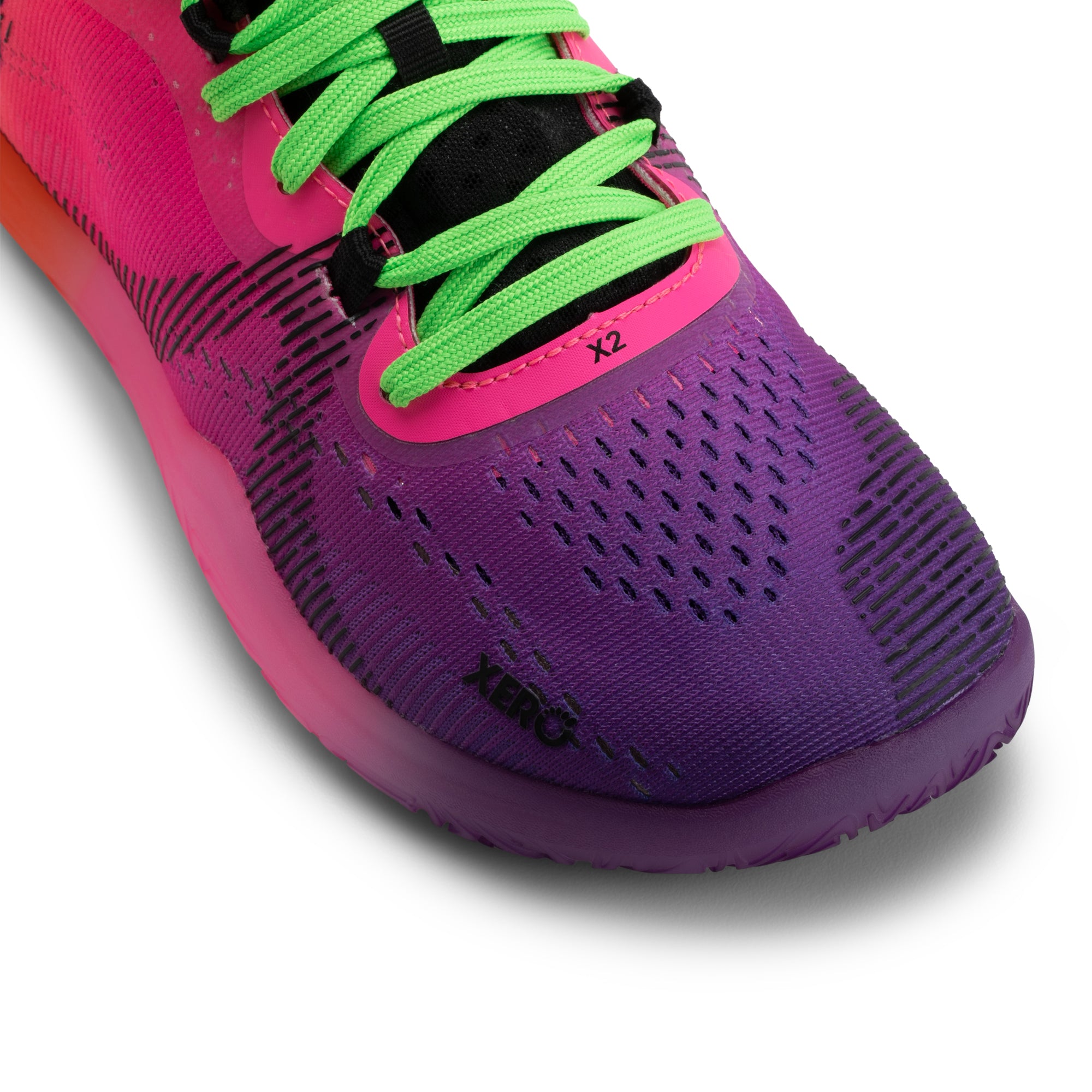 Xero Shoes X2 barfodssko til dame i farven Vivid Purple / Neon Multi, detalje af tåkassen