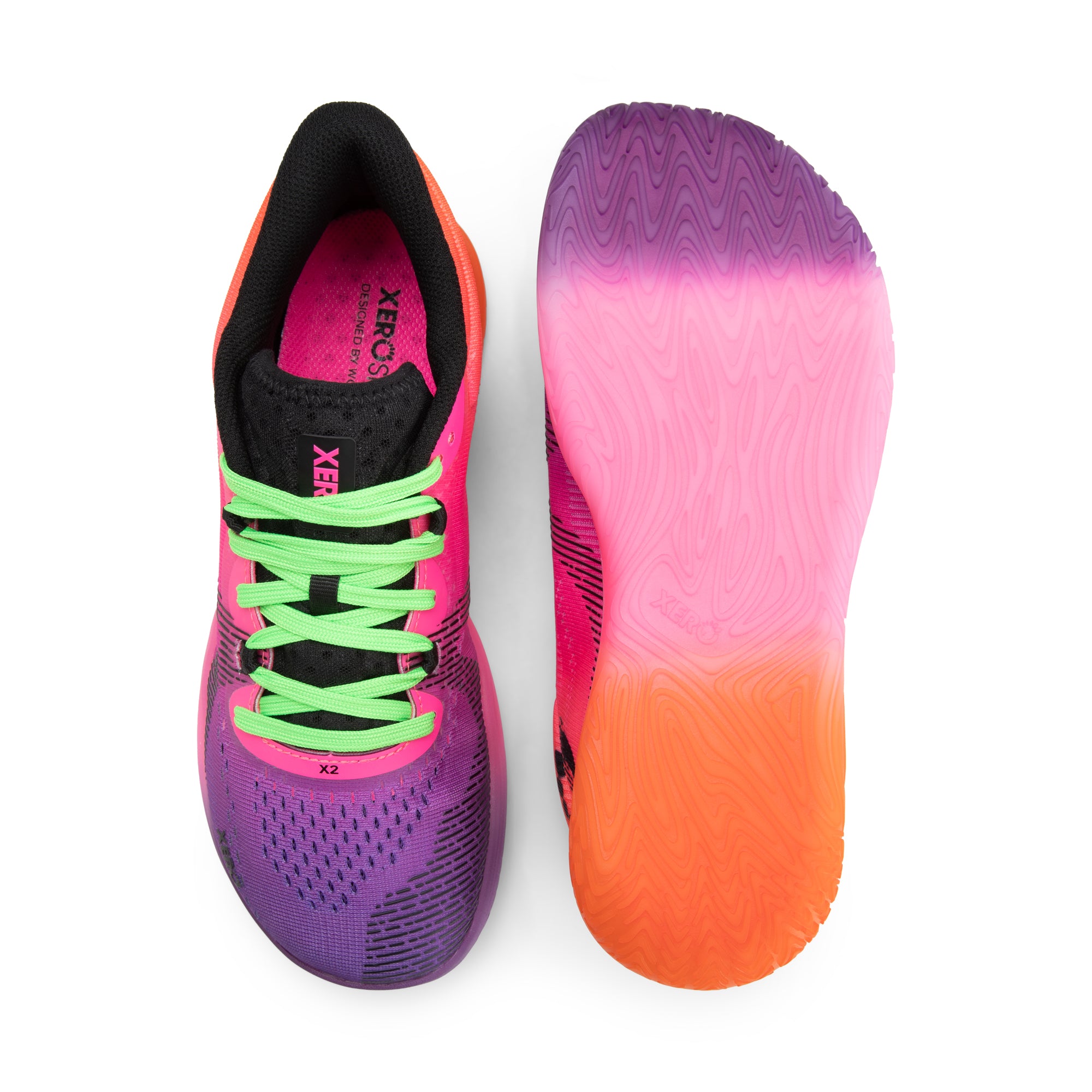 Xero Shoes X2 barfodssko til dame i farven Vivid Purple / Neon Multi, set ovenfra og fra sålen