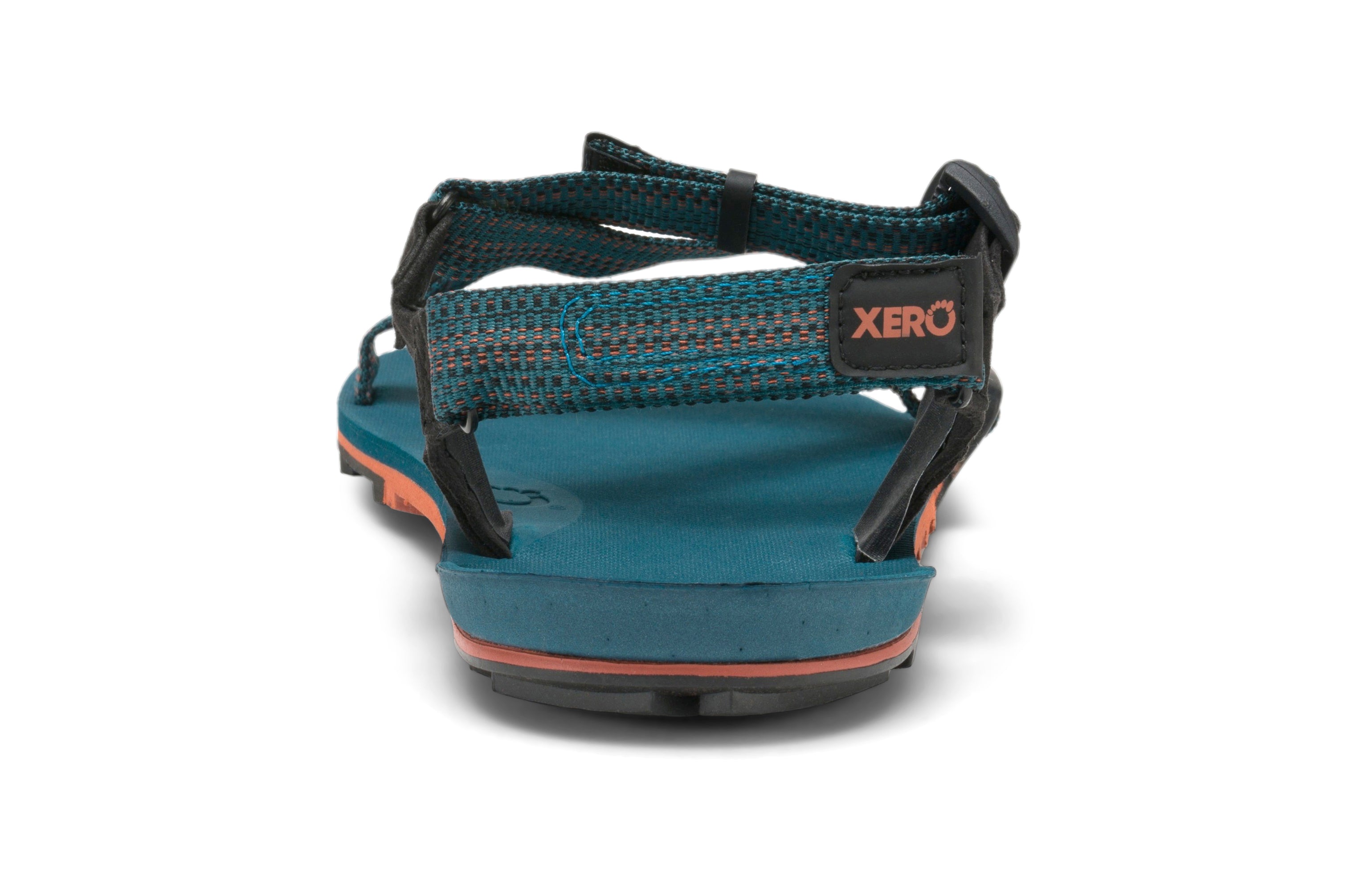 Bagvisning af Xero Shoes Z-Trail EV herresandal i Deep Lagoon med sorte og turkise nylonstropper lavet af genbrugsplast og orange accenter. Barfodssandal designet til fleksibilitet.