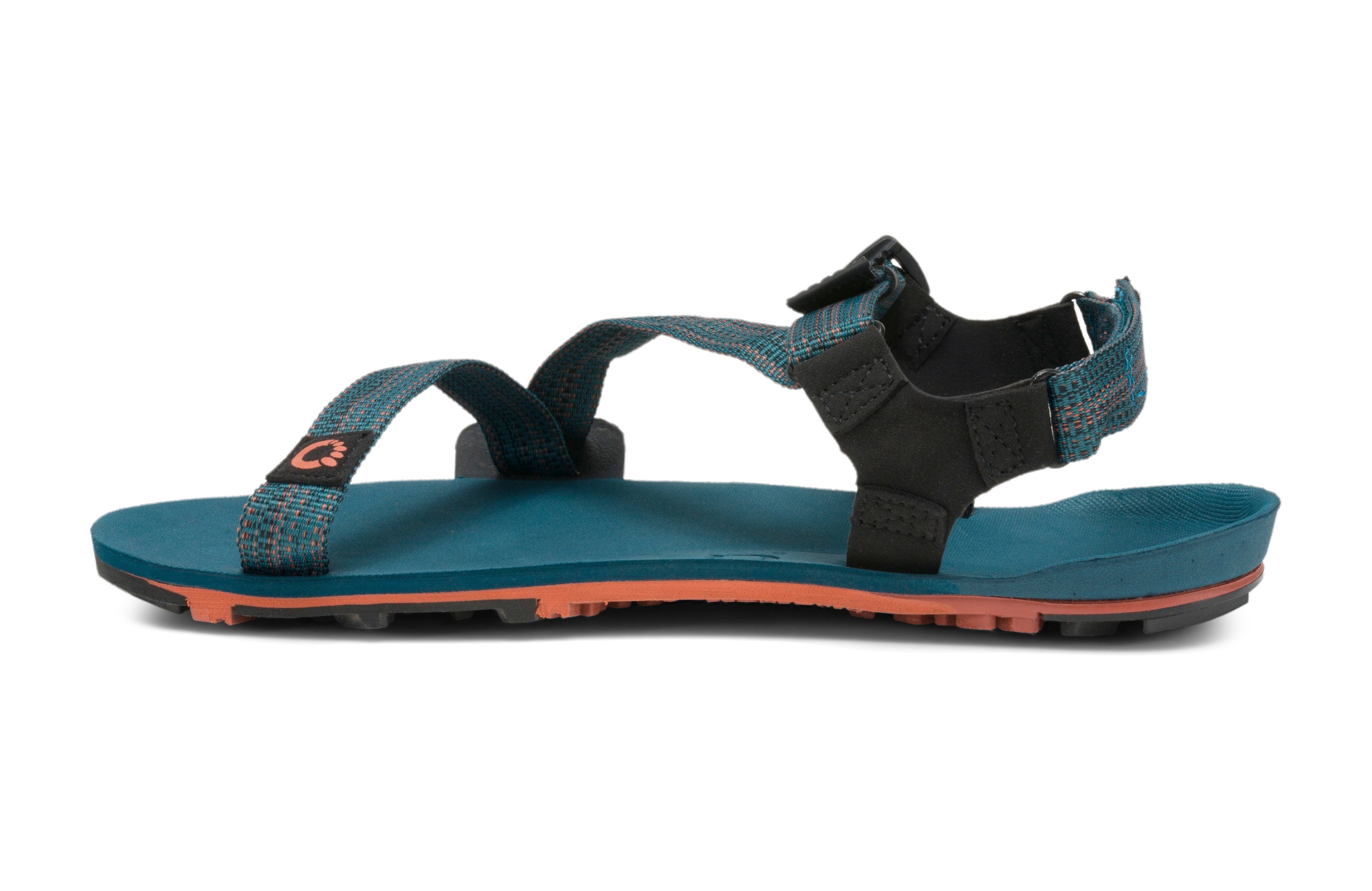 Z-Trail EV Mens barefoot sandal in Deep Lagoon with dark teal footbed, orange midsole, and patterned recycled nylon straps. Features a lugged sole for enhanced grip.