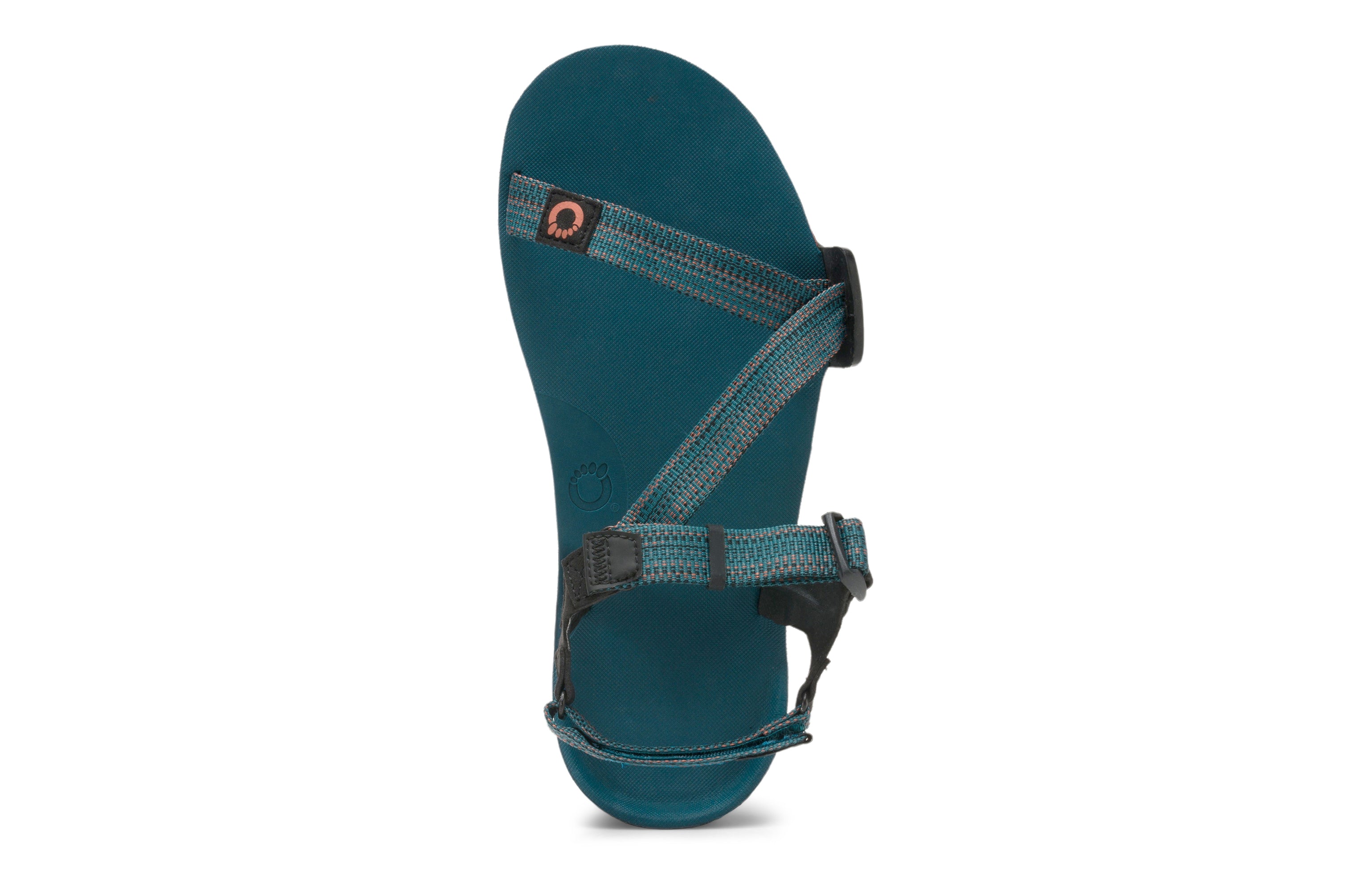 Z-Trail EV Mens sandal i Deep Lagoon variant med velcrolukning. Blå base med multifarvede stropper, designet til barfodsfølelse og bæredygtighed i genbrugsmaterialer.