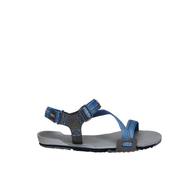 Xero Shoes Z-Trail Kids barfods sandaler til børn i farven charcoal / multi-blue, yderside