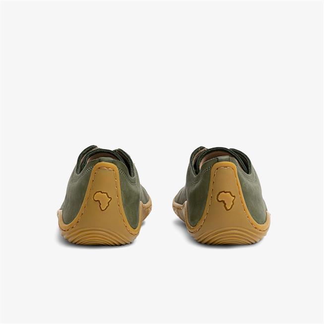 Vivobarefoot Addis Mens barfods lædersko til mænd i farven botanical green, bagfra