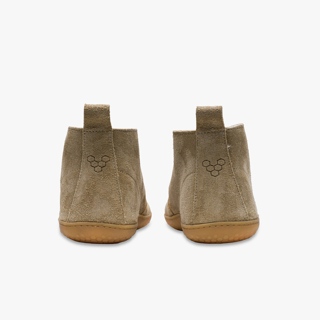 Vivobarefoot Gobi III Winter Womens barfods ørkenstøvler til kvinder i farven tan suede, bagfra