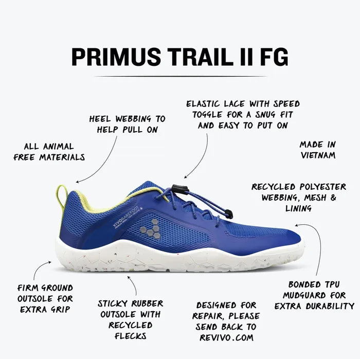 Vivobarefoot Primus Trail II Junior barfods træningssko til børn i farven amparo blue, info