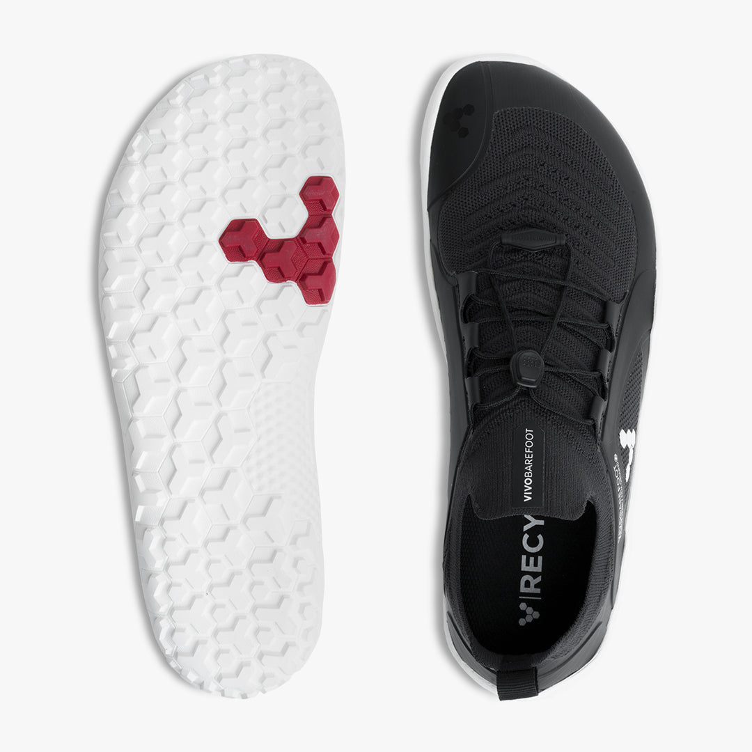 Vivobarefoot Primus Trail Knit FG Mens barfods trailsko til mænd i farven obsidian / white, top