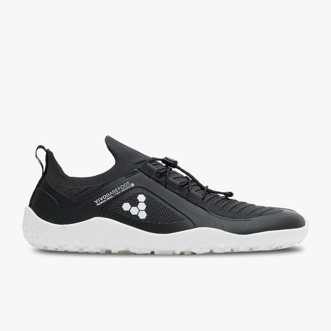 Vivobarefoot Primus Trail Knit FG Mens barfods trailsko til mænd i farven obsidian / white, yderside