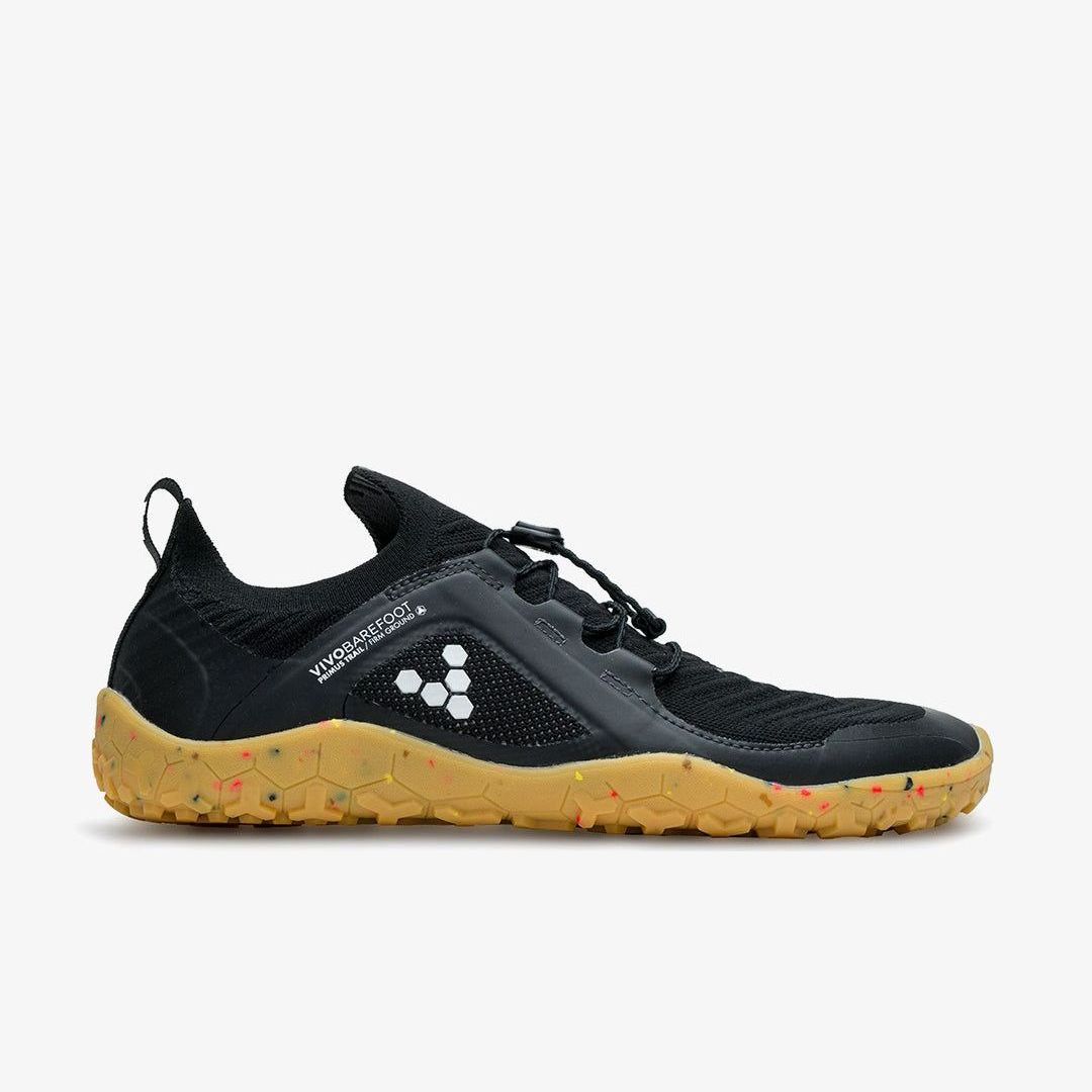 Vivobarefoot Primus Trail Knit FG Womens barfods trailsko til kvinder i farven obsidian / gum, yderside