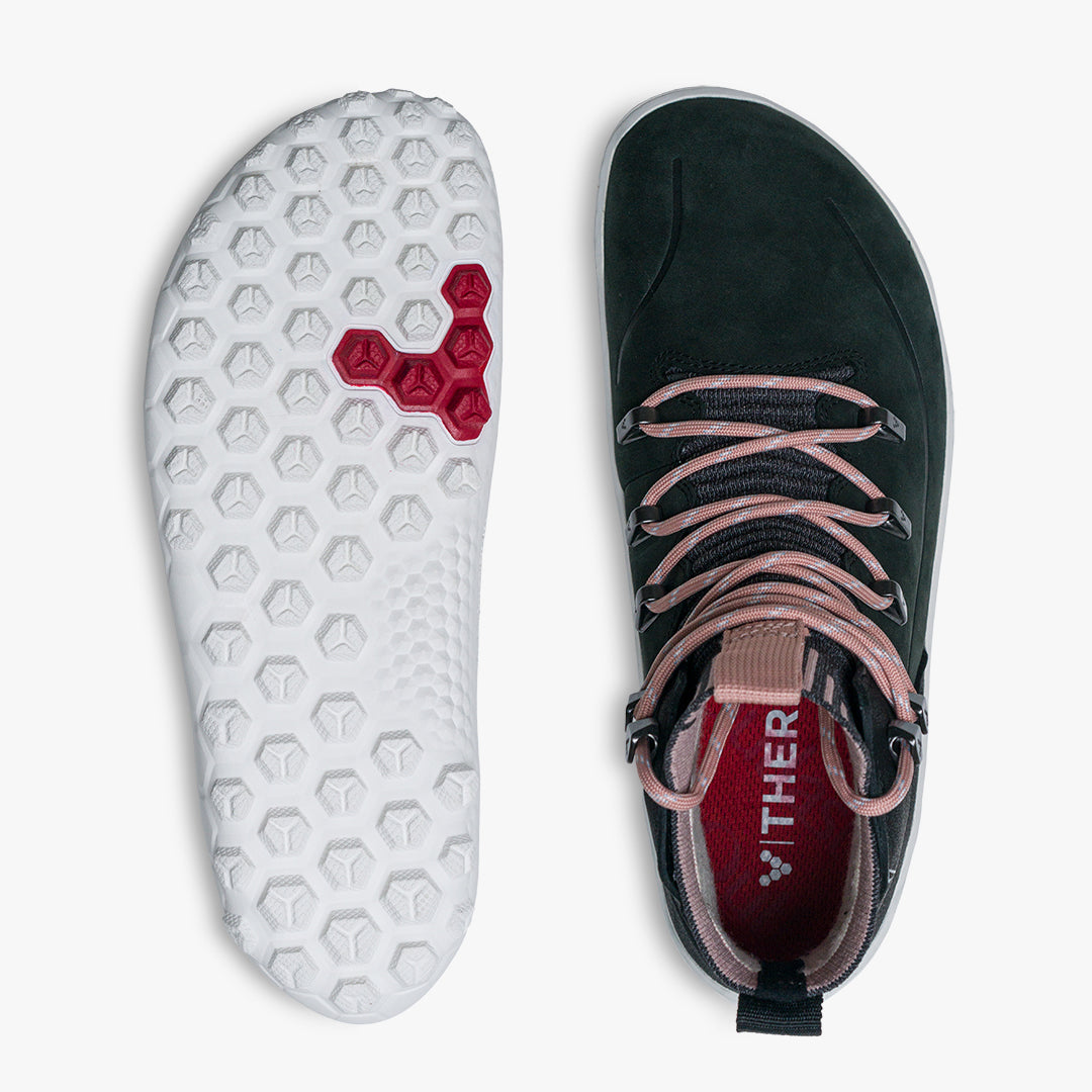 Vivobarefoot Tracker Decon FG2 Womens barfods støvler til kvinder i farven obsidian / misty rose, top