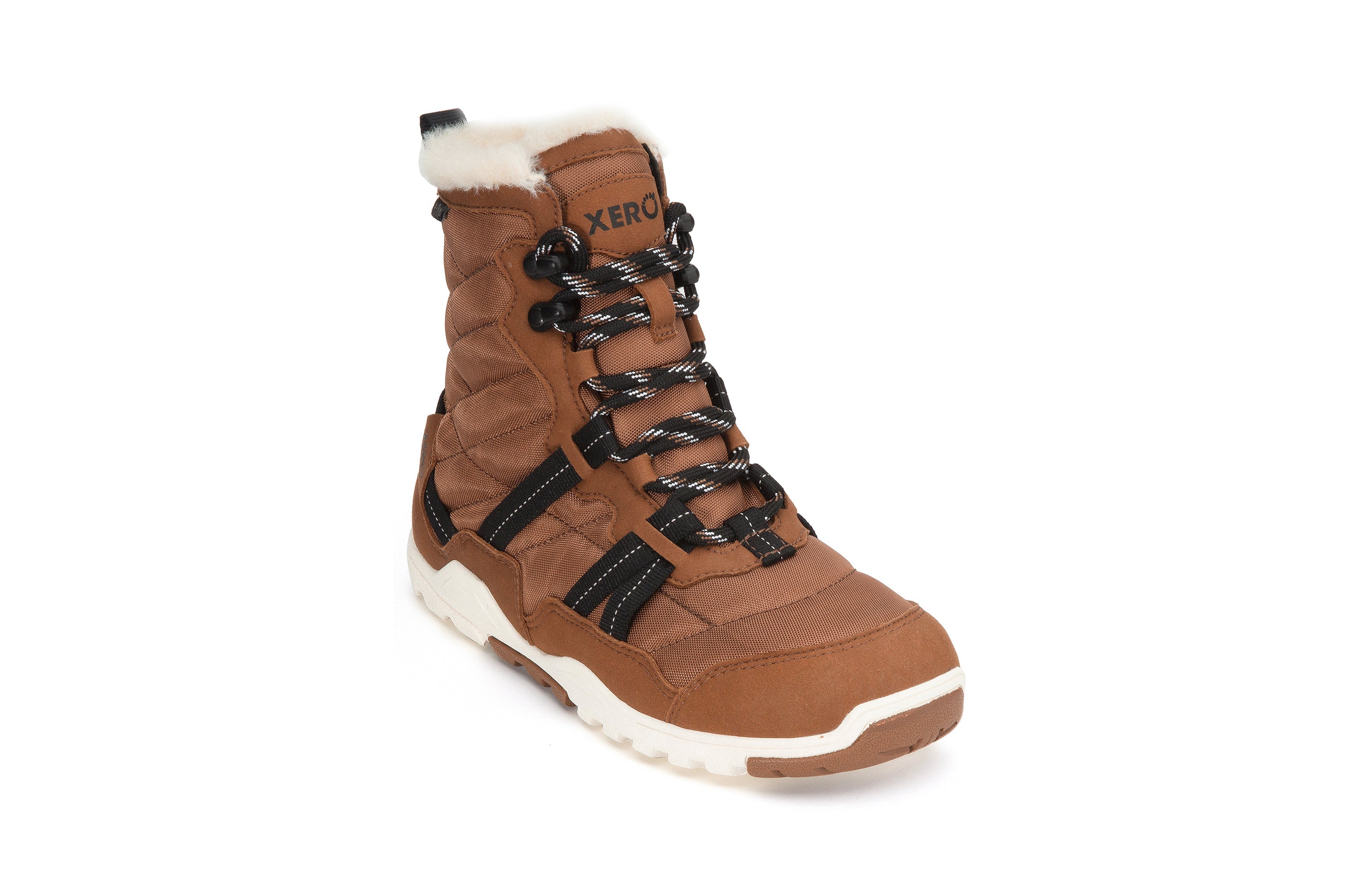 Xero Shoes Alpine Womens barfods vinterstøvler til kvinder i farven rubber brown / eggshell, vinklet